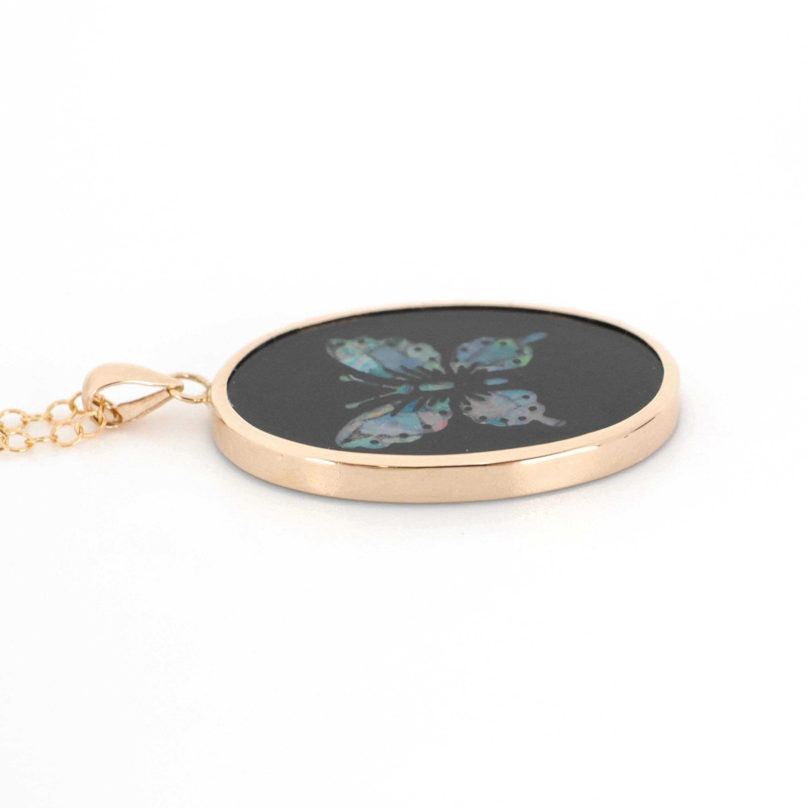 Modern Butterfly Pendant - Estate 14K Yellow Gold Natural Onyx Mosaic Opal Inlay Charm - Circa 1990s Nature Inspired Necklace Fine Jewelry