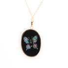 Modern Butterfly Pendant - Estate 14K Yellow Gold Natural Onyx Mosaic Opal Inlay Charm - Circa 1990s Nature Inspired Necklace Fine Jewelry