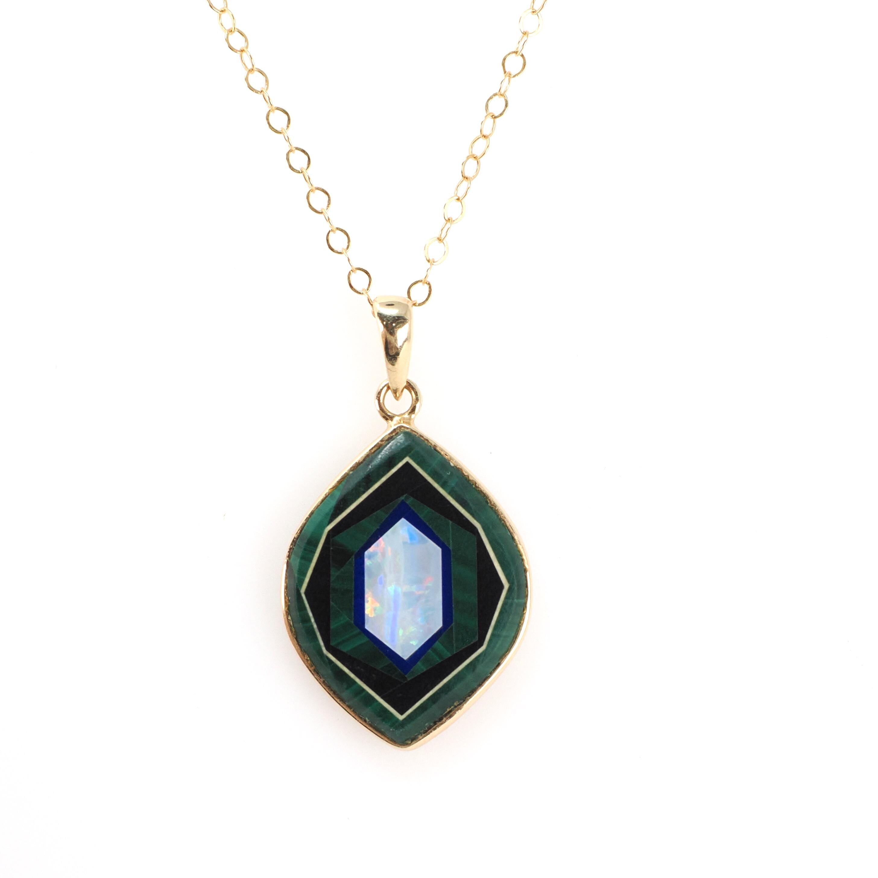 Inlayed Gemstone Pendant - Modern 14k Yellow Gold Natural Opal Lapis Malachite Onyx Charm - Circa 2000s Era Mystical Lantern Fine Jewelry