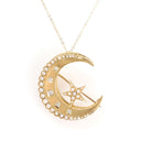 Victorian Crescent Moon Brooch - Antique 14k Yellow Gold .14 CTW Old Mine Cut Diamond Pin - Circa 1880s Era Seed Pearl Fine Pendant Jewelry