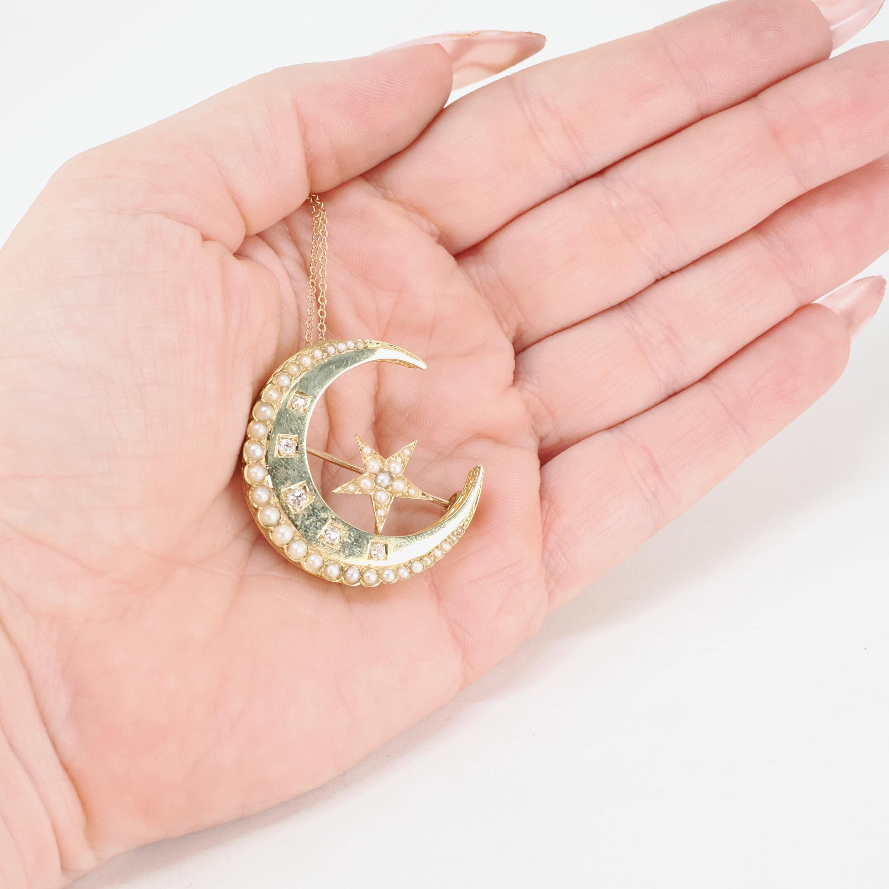 Victorian Crescent Moon Brooch - Antique 14k Yellow Gold .14 CTW Old Mine Cut Diamond Pin - Circa 1880s Era Seed Pearl Fine Pendant Jewelry