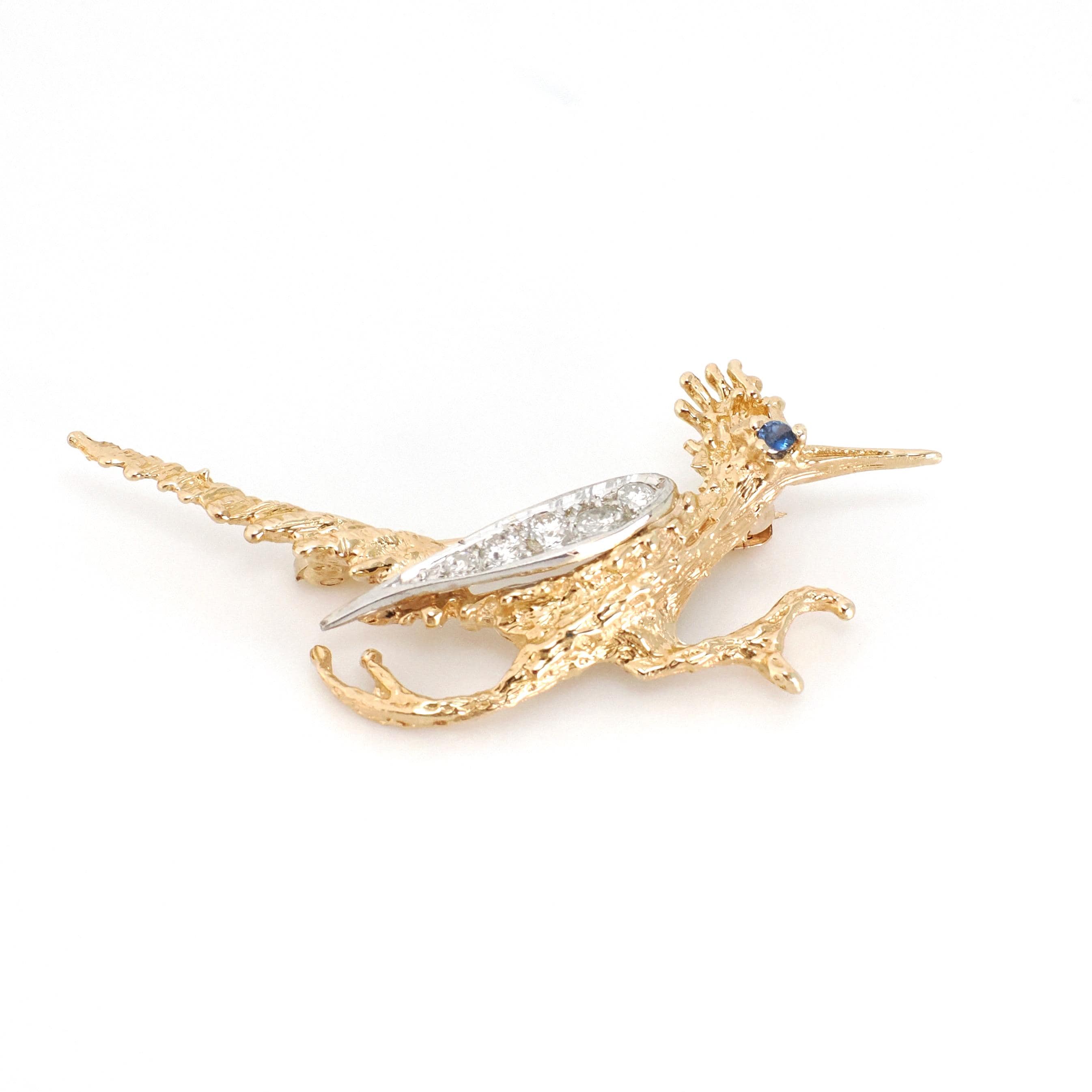 Vintage Roadrunner Brooch - Retro 14k Yellow & White Gold Natural Sapphire And Diamond Pin - Circa 1970s Era Cuckoo Bird Animal Fine Jewelry