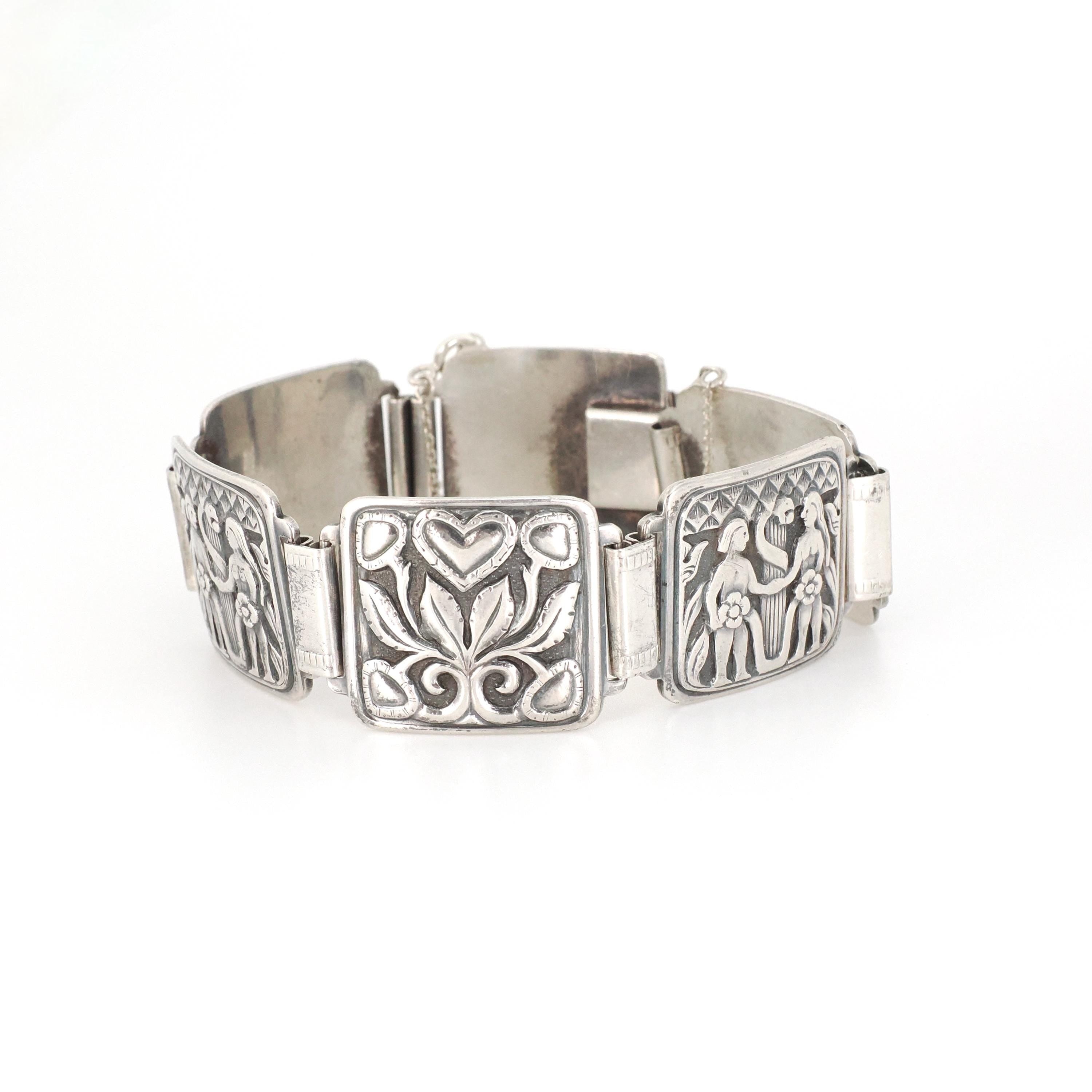 David Anderson Adam & Eve Bracelet - Mid Century Sterling Silver Panel Link Statement - Circa 1950s Era Collectible Signed Religious Jewelry