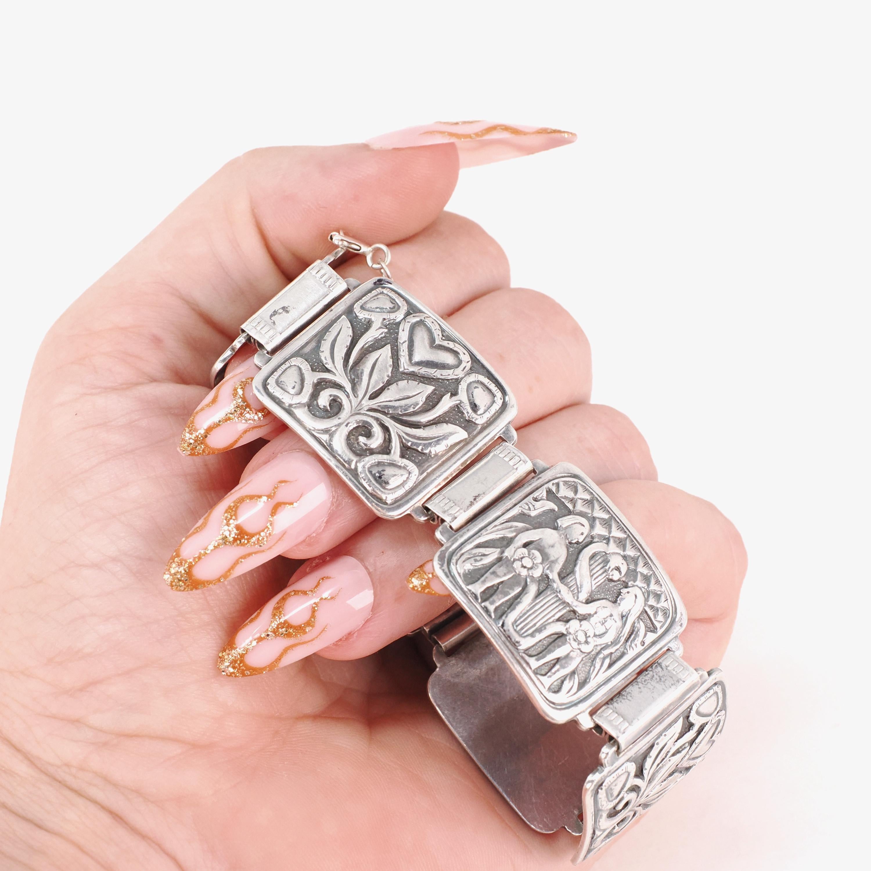 David Anderson Adam & Eve Bracelet - Mid Century Sterling Silver Panel Link Statement - Circa 1950s Era Collectible Signed Religious Jewelry