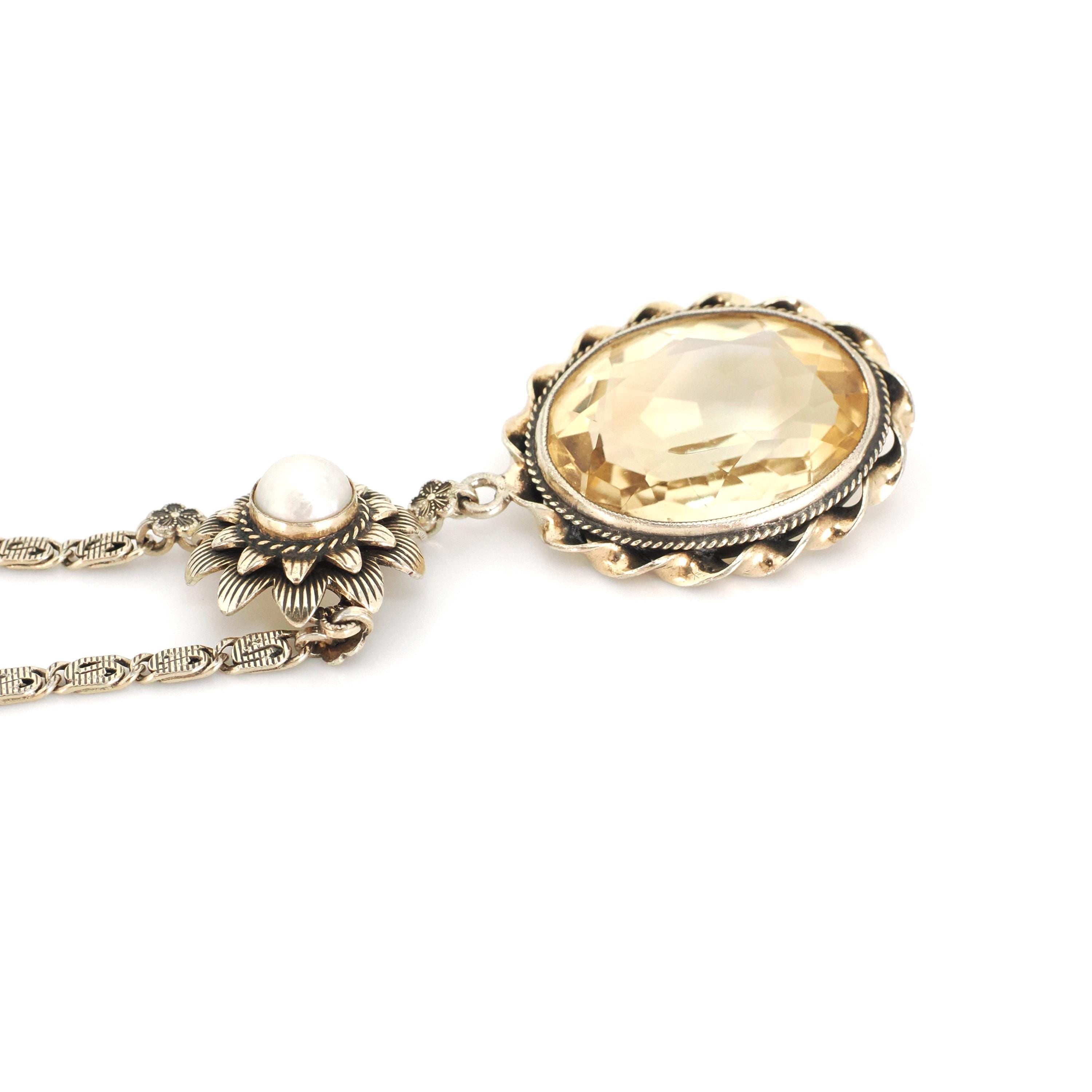 Vintage Citrine Necklace - Mid Century Gold Wash Over Sterling Silver Natural Gem & Cultured Pearl - Circa 1940s Era Floral Nature Jewelry