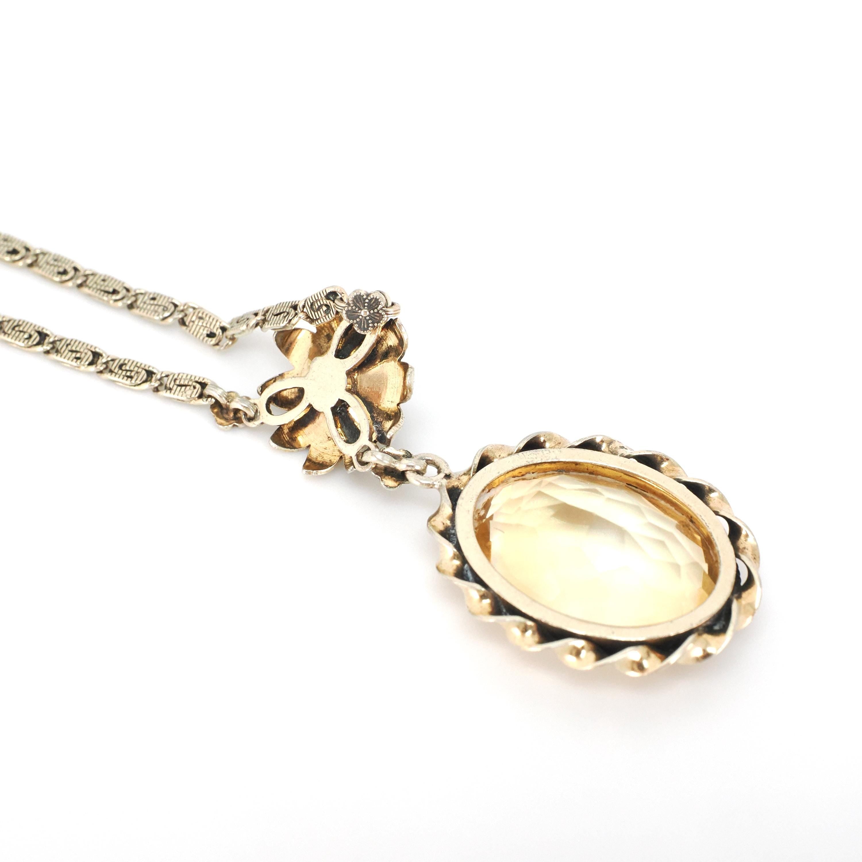 Vintage Citrine Necklace - Mid Century Gold Wash Over Sterling Silver Natural Gem & Cultured Pearl - Circa 1940s Era Floral Nature Jewelry