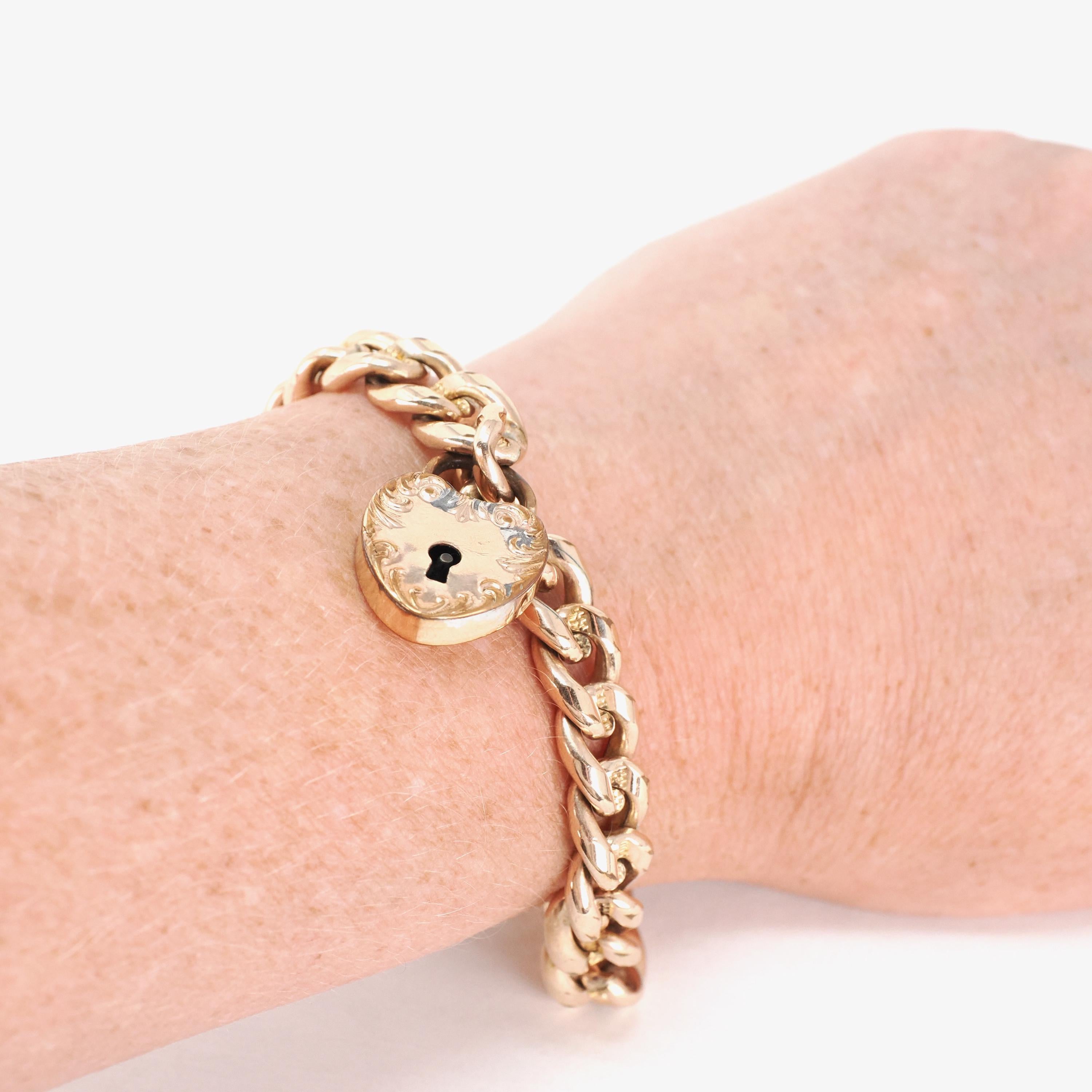 Antique Padlock Bracelet - Edwardian Rosy 12k Gold Filled Heart Shaped Charm Padlock & Key - Circa 1910s Era 8 Inch Curb Link Chain Jewelry