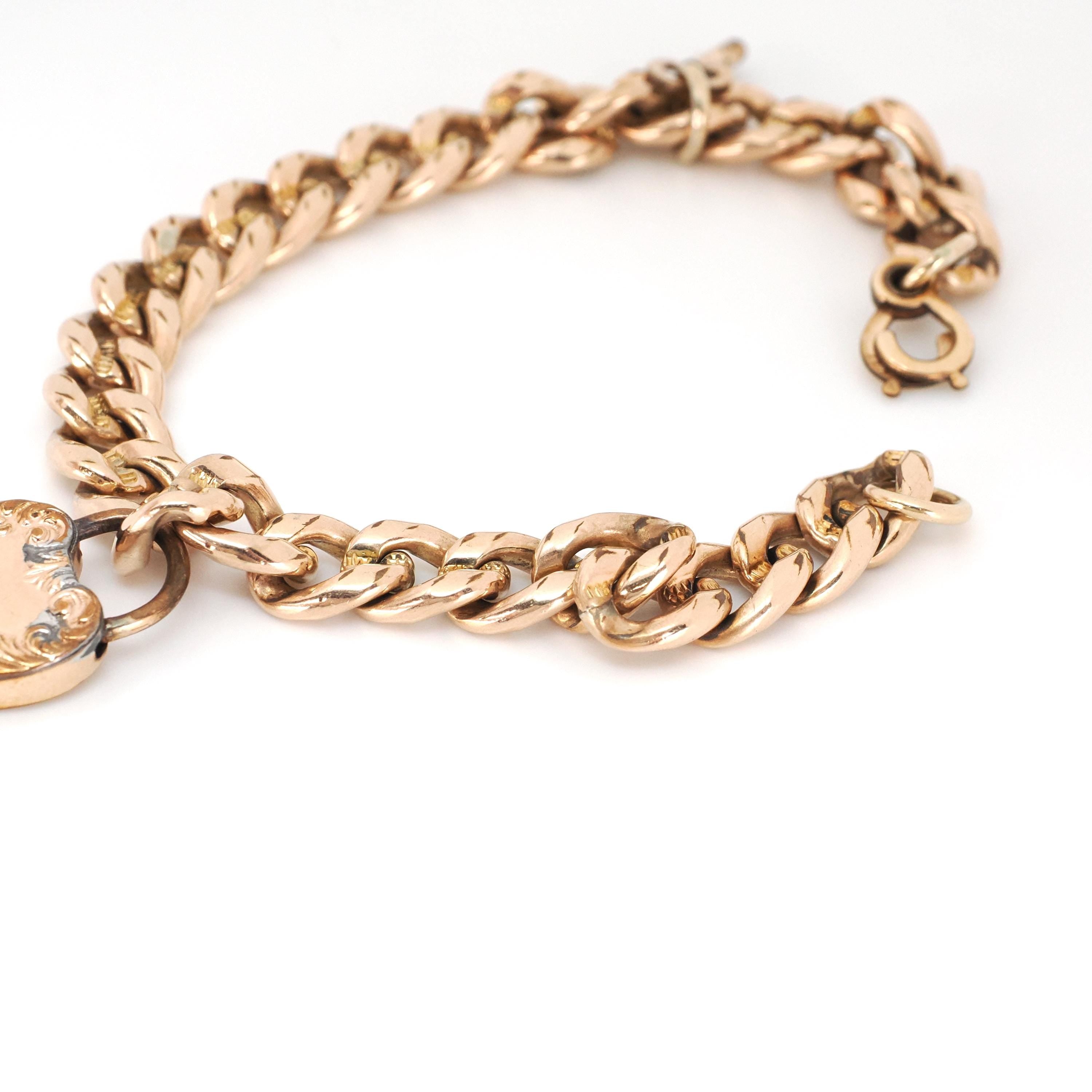 Antique Padlock Bracelet - Edwardian Rosy 12k Gold Filled Heart Shaped Charm Padlock & Key - Circa 1910s Era 8 Inch Curb Link Chain Jewelry