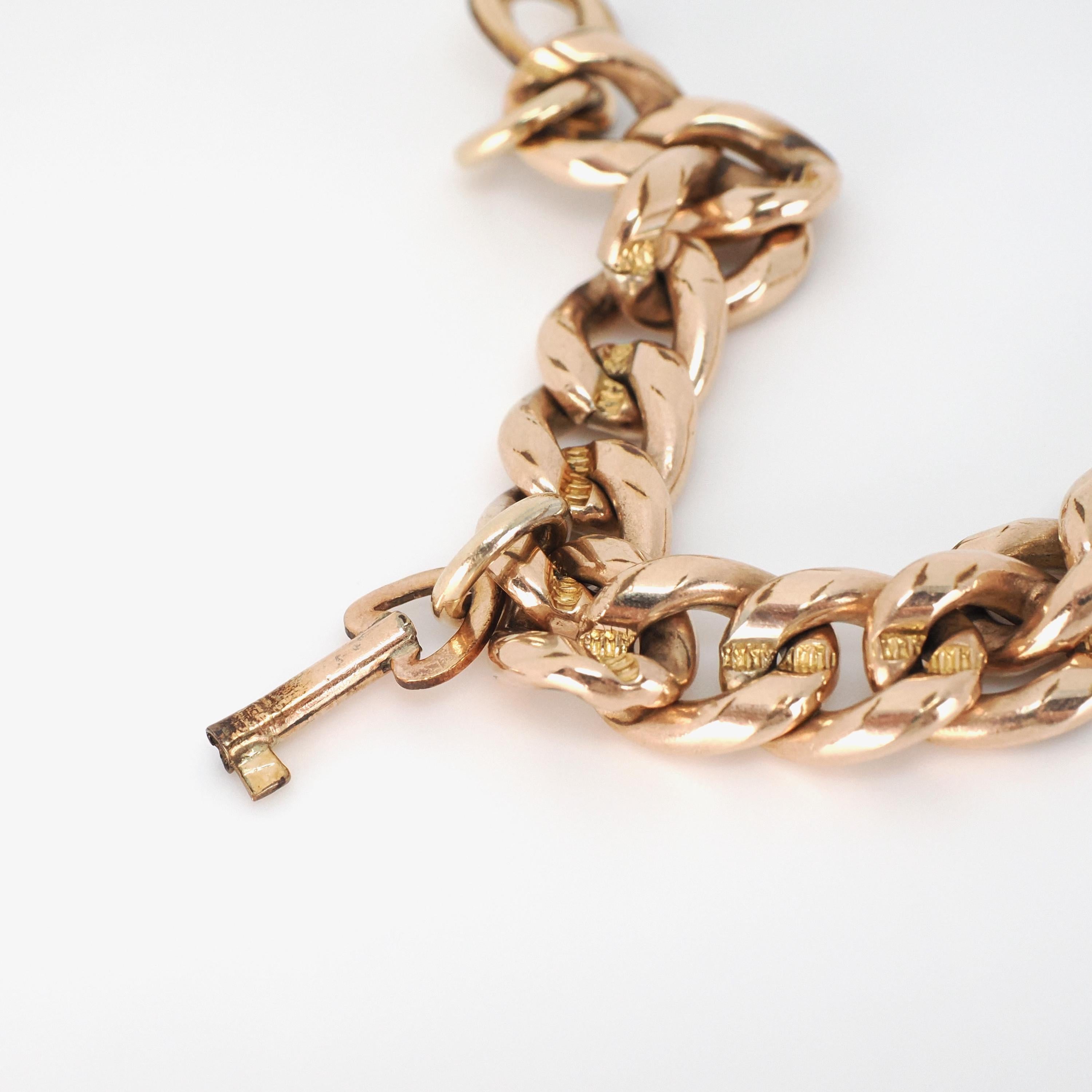 Antique Padlock Bracelet - Edwardian Rosy 12k Gold Filled Heart Shaped Charm Padlock & Key - Circa 1910s Era 8 Inch Curb Link Chain Jewelry