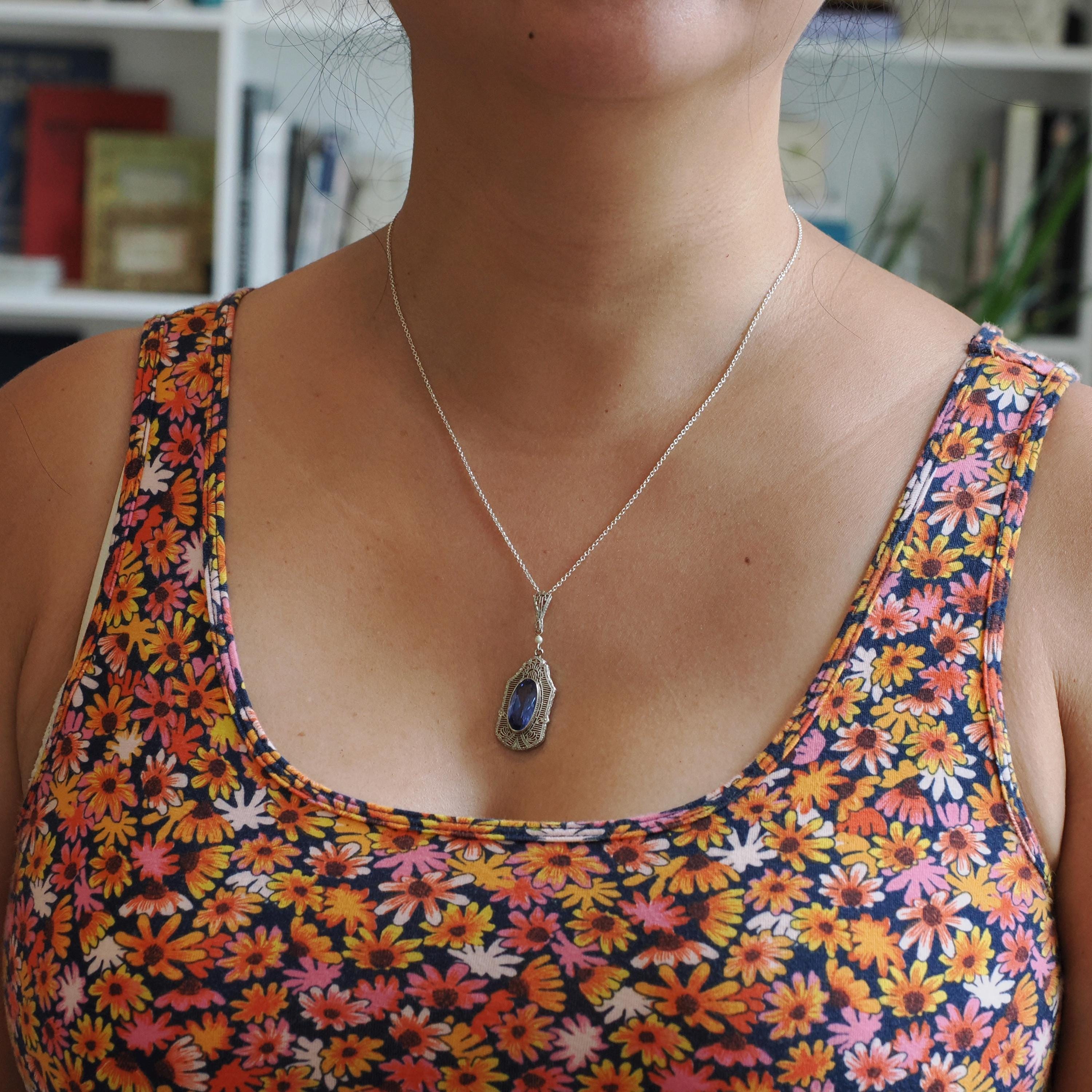 Art Deco Necklace - Vintage 10k White Gold Created Blue Sapphire Simulated Seed Pearl Pendant - Circa 1930s Era Filigree Statement Jewelry