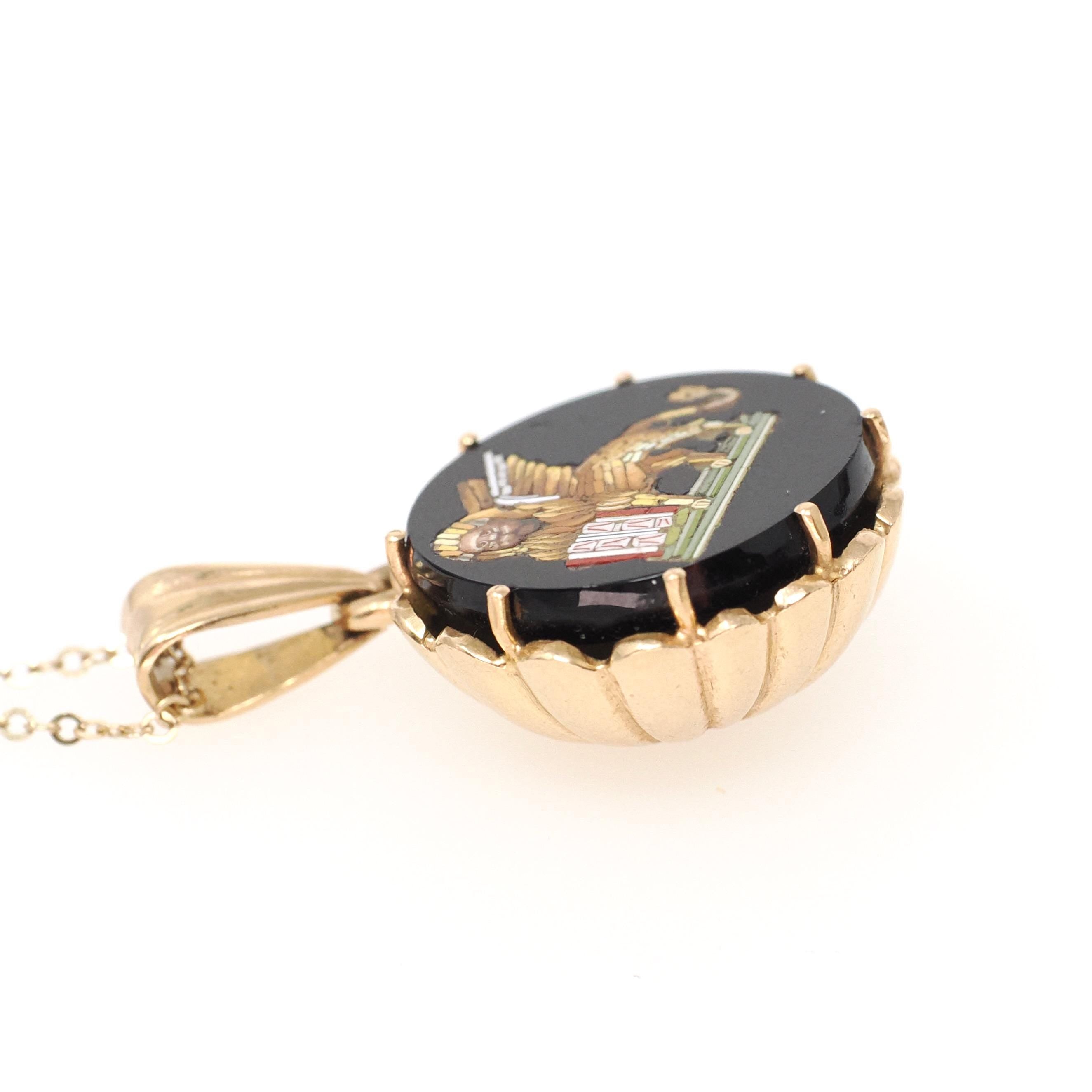 Vintage Lion of San Marco Pendant - Retro 18k Yellow Gold Black Onyx Mosaic Inlay Scene Charm - Circa 1970s Fine Victorian Revival Jewelry