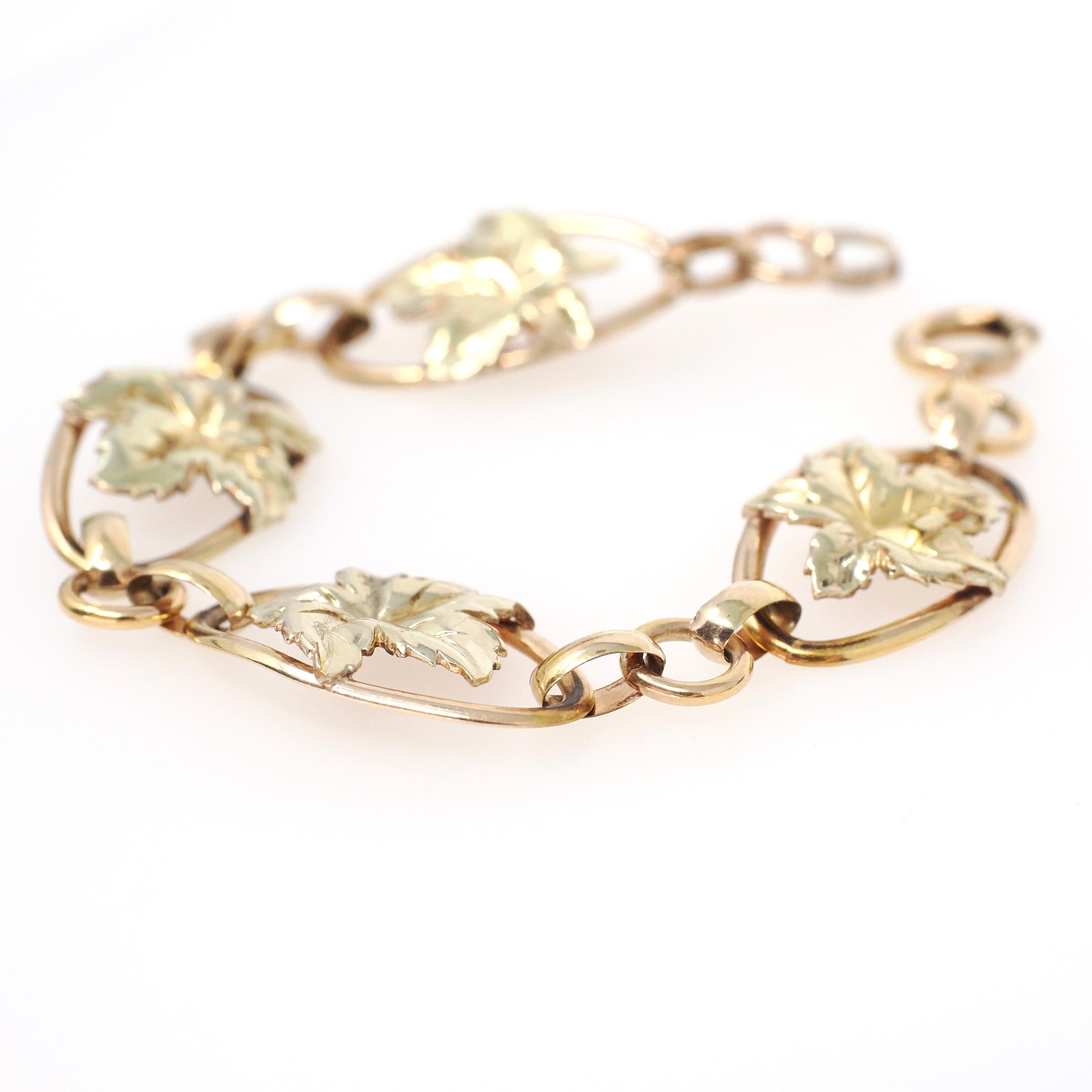 Maple Leaf Bracelet - Retro 12k Gold Filled Yellow & Rose Gold Oval Statement Panels - Circa 1940s Era Fashion Accessory Binder Bros Jewelry