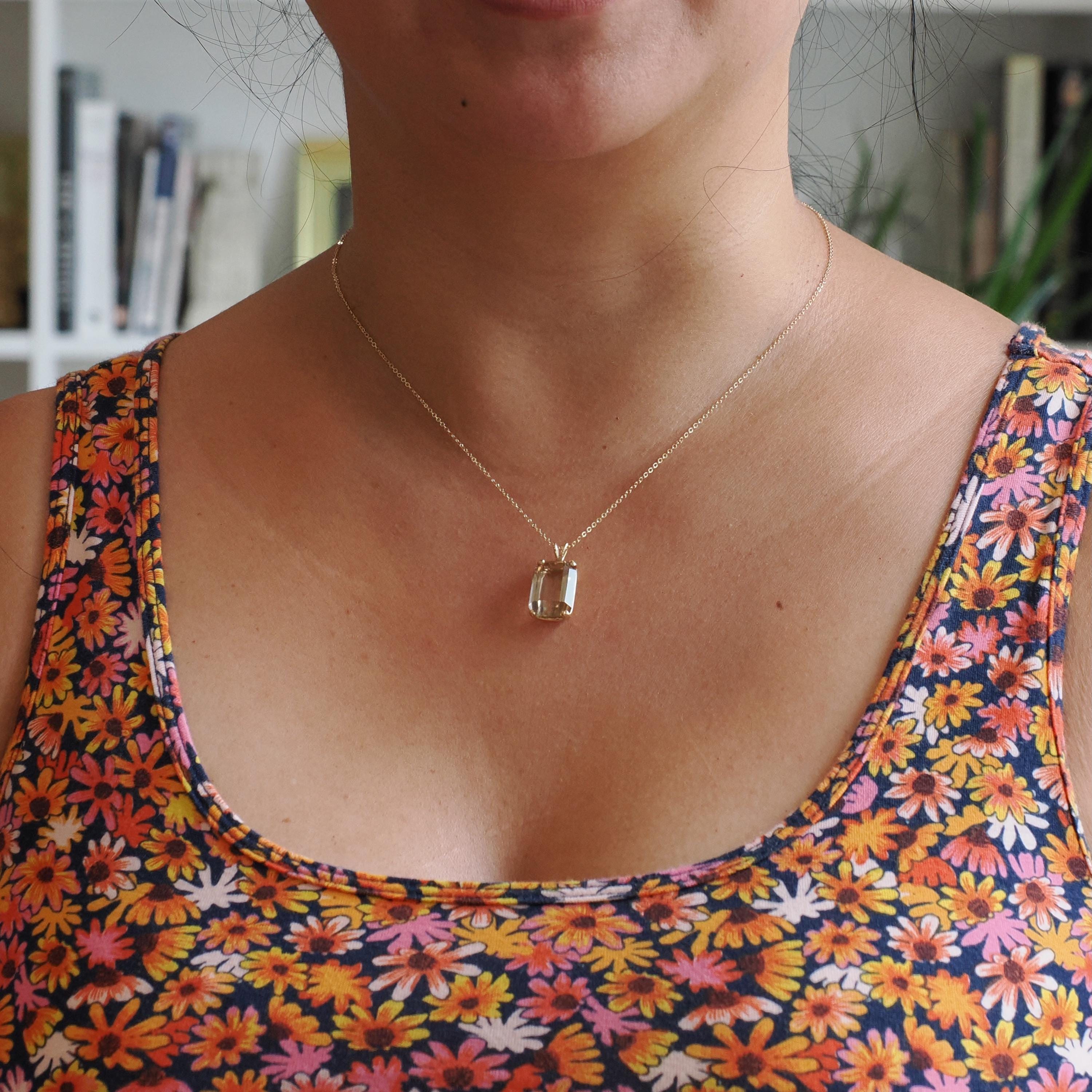 Modern Citrine Pendant - Estate 14k Yellow Gold Emerald Cut 9.05 CT Natural Gemstone Necklace - Circa 2000s Fine November Birthstone Jewelry