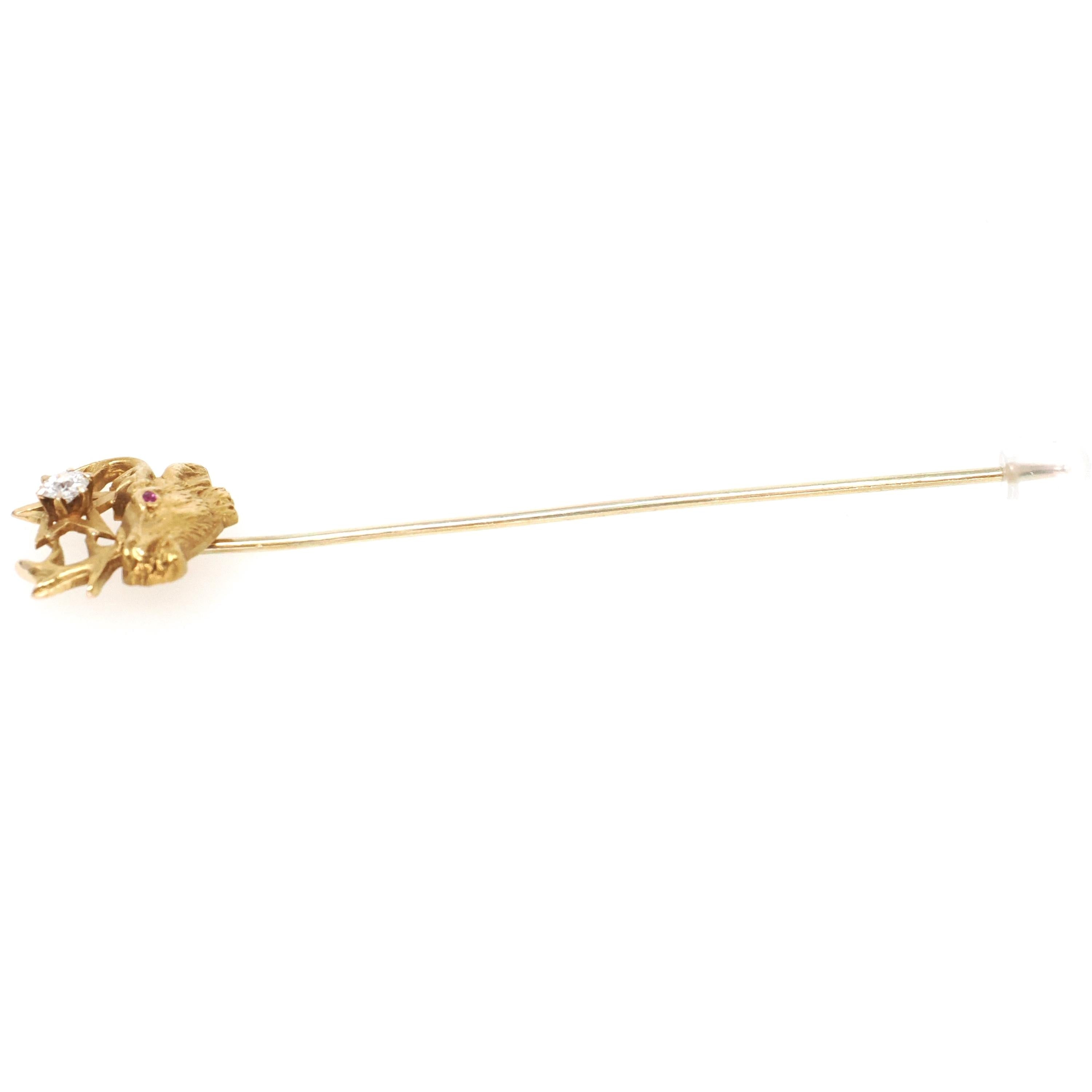 Antique Elk Stick Pin - Edwardian 14k Yellow Gold .15 CT Old European Cut Diamond Star - Circa 1900s Ruby Eye Jolly Cork Deer Animal Jewelry