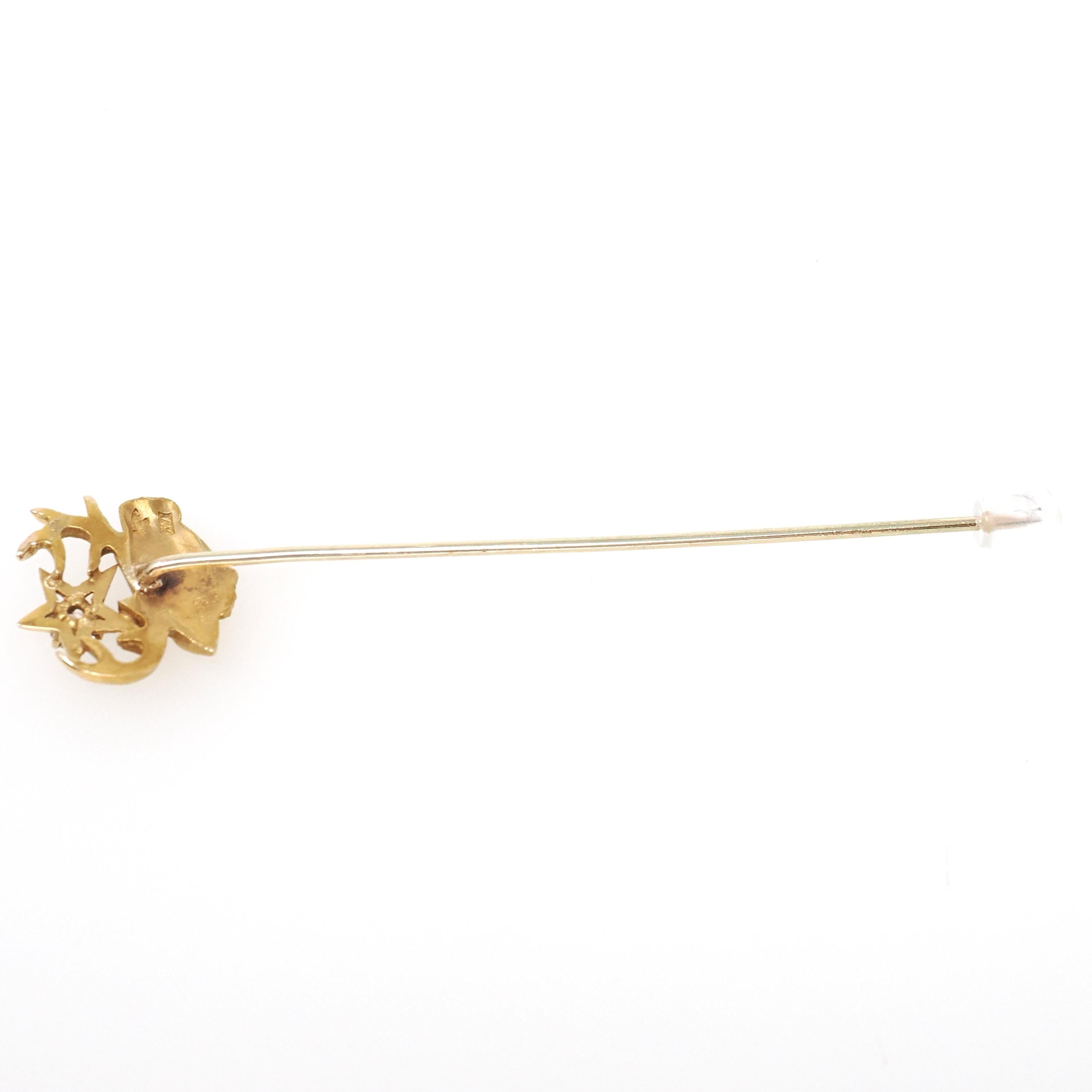 Antique Elk Stick Pin - Edwardian 14k Yellow Gold .15 CT Old European Cut Diamond Star - Circa 1900s Ruby Eye Jolly Cork Deer Animal Jewelry