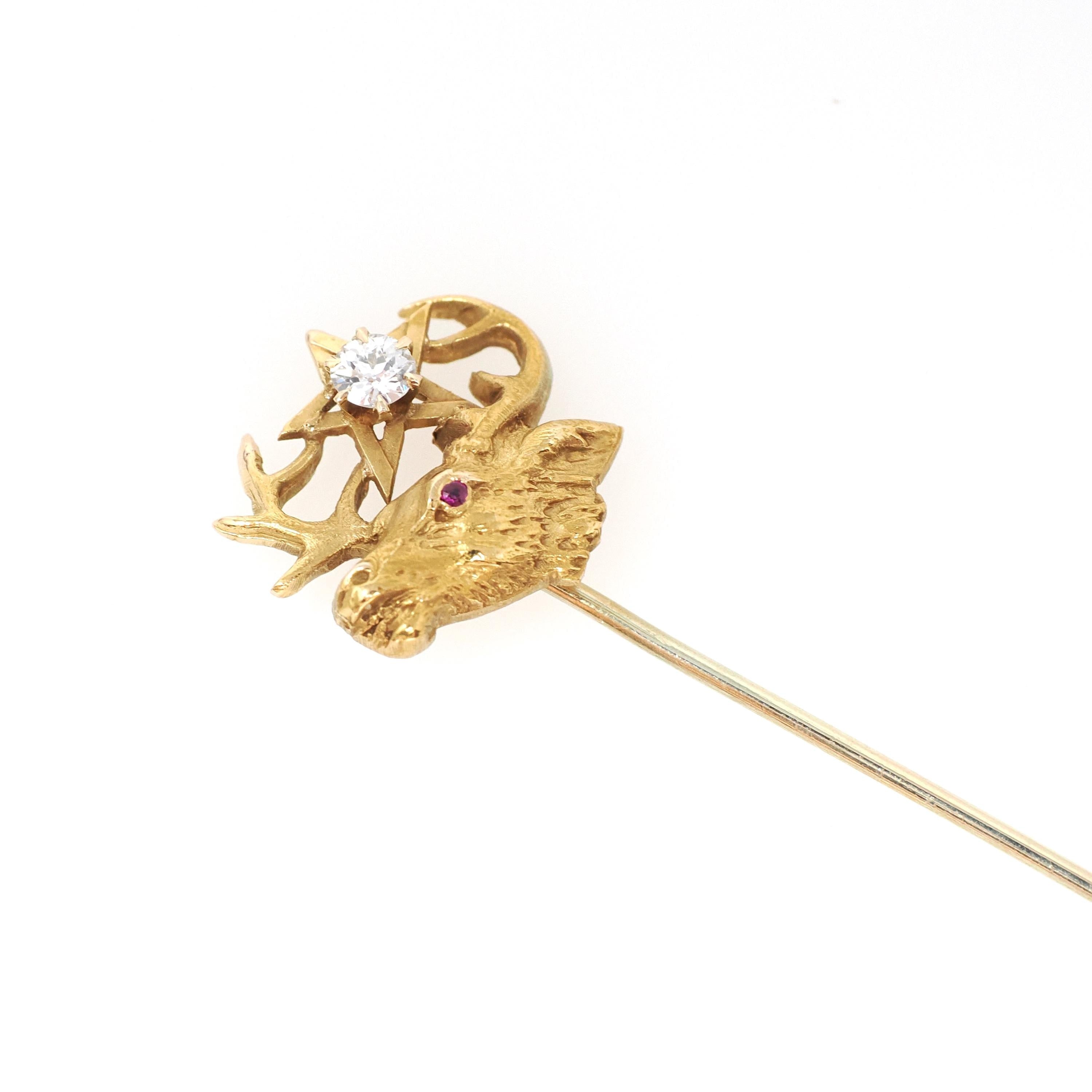 Antique Elk Stick Pin - Edwardian 14k Yellow Gold .15 CT Old European Cut Diamond Star - Circa 1900s Ruby Eye Jolly Cork Deer Animal Jewelry