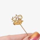 Antique Elk Stick Pin - Edwardian 14k Yellow Gold .15 CT Old European Cut Diamond Star - Circa 1900s Ruby Eye Jolly Cork Deer Animal Jewelry
