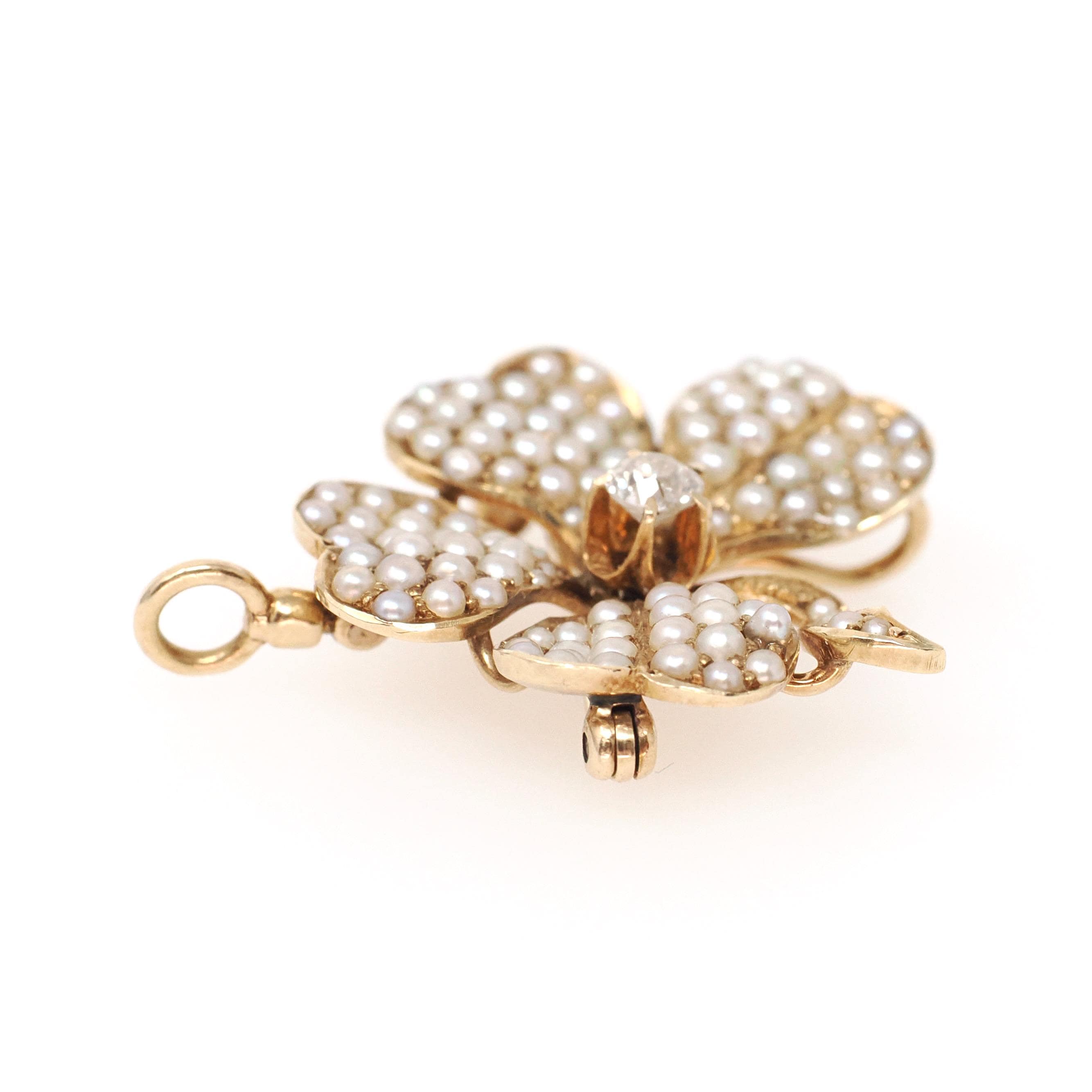 Antique Four Leaf Clover Brooch - Edwardian 14k Yellow Gold Natural Diamond & Seed Pearl Pendant Necklace - Circa Early 1900s Fine Jewelry