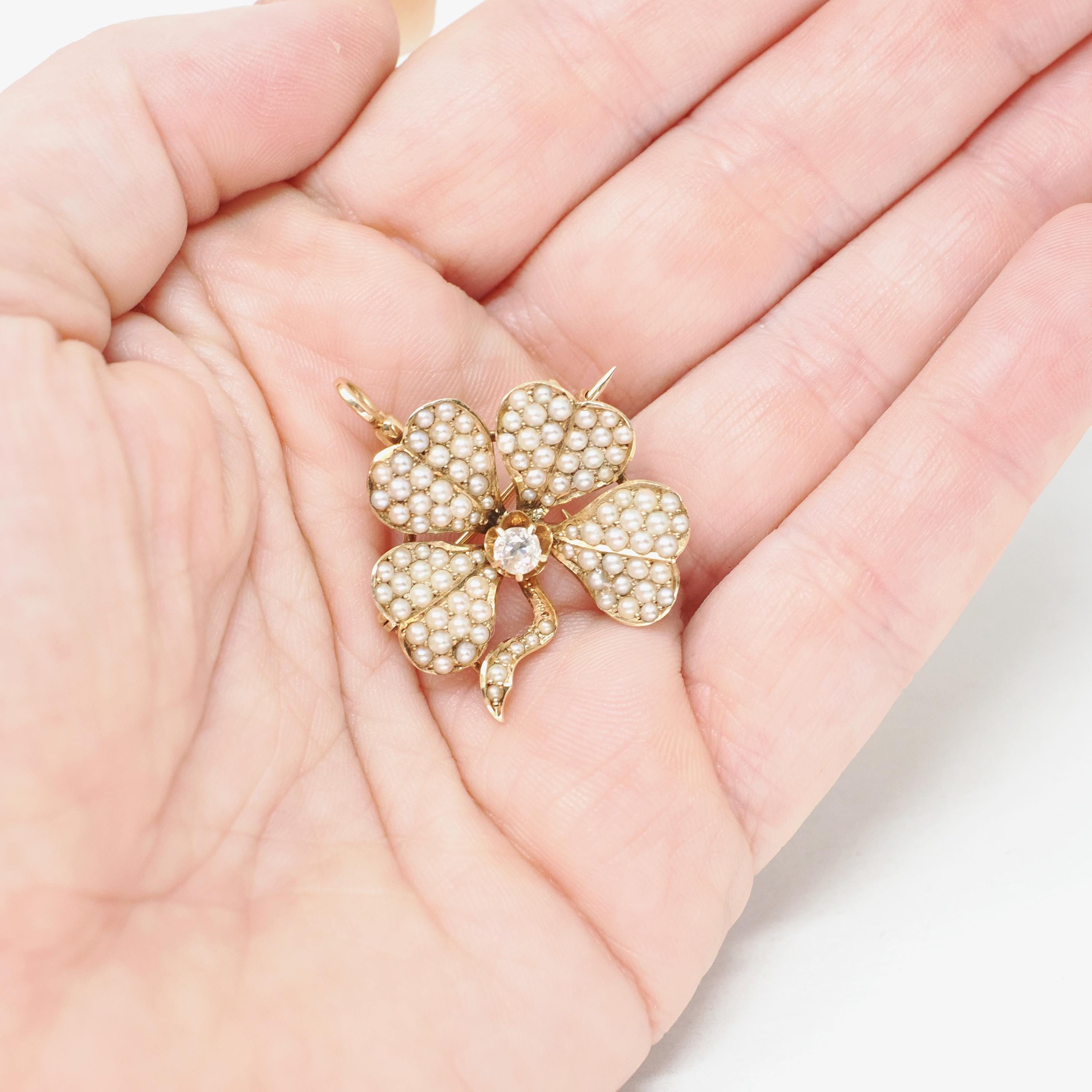 Antique Four Leaf Clover Brooch - Edwardian 14k Yellow Gold Natural Diamond & Seed Pearl Pendant Necklace - Circa Early 1900s Fine Jewelry