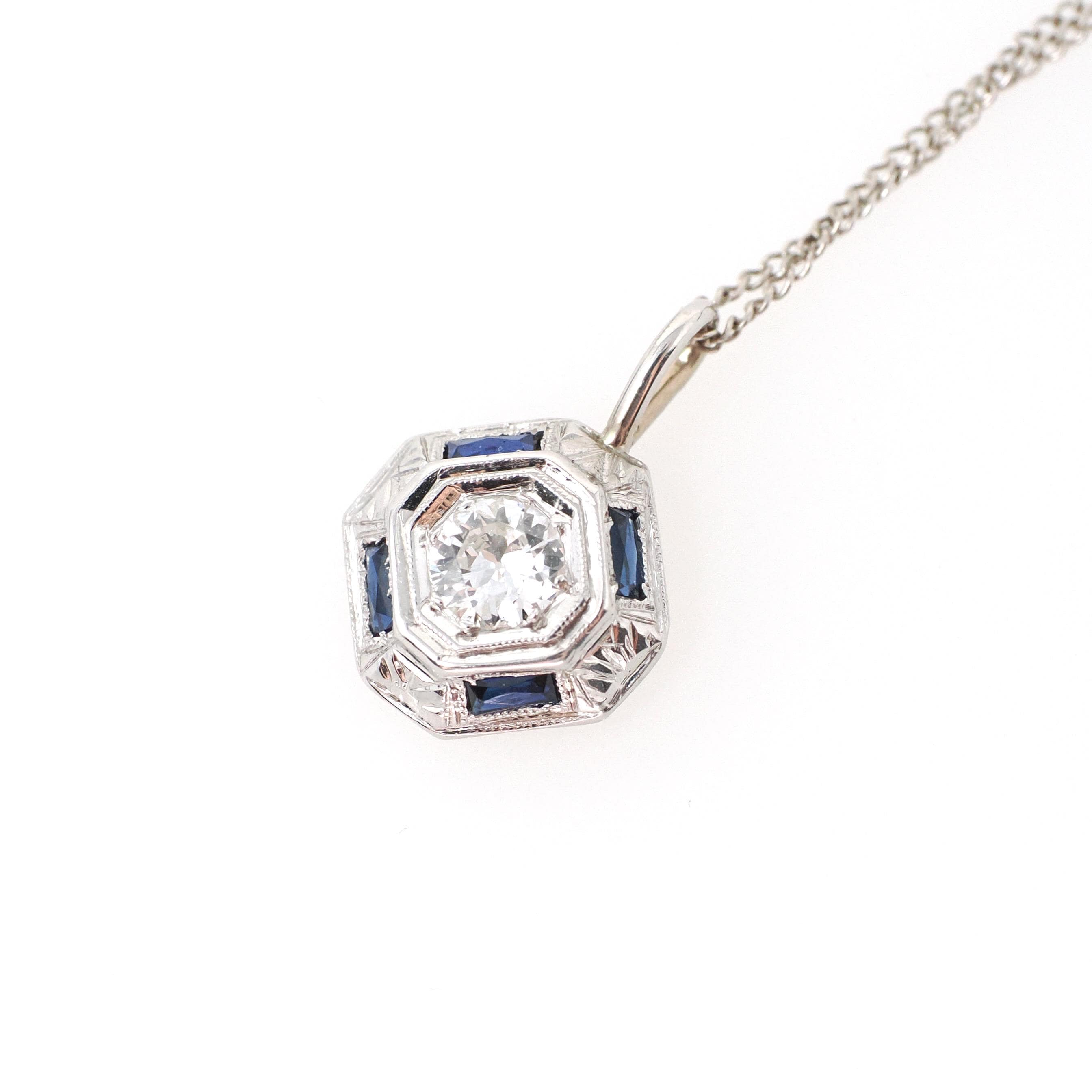 Art Deco Diamond Necklace - Vintage 14k White Gold .34 CT Old Euro & Created Blue Sapphire Pendant - Circa 1930s Era Conversion Fine Jewelry