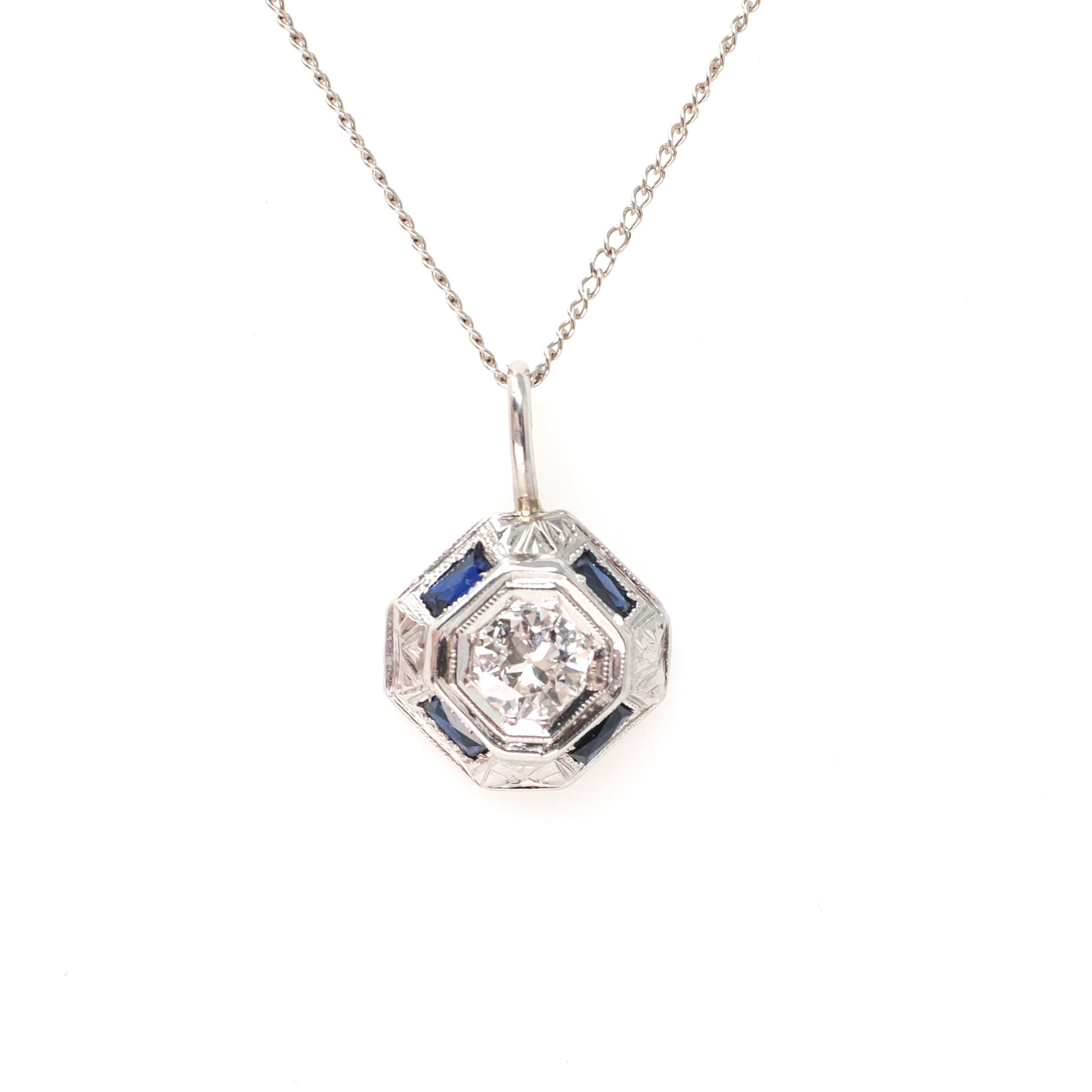 Art Deco Diamond Necklace - Vintage 14k White Gold .34 CT Old Euro & Created Blue Sapphire Pendant - Circa 1930s Era Conversion Fine Jewelry