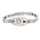Art Deco Bracelet - Vintage 14k White Gold Natural Diamond Green Glass Simulated Emerald - Circa 1930s May Birthstone Filigree Fine Jewelry