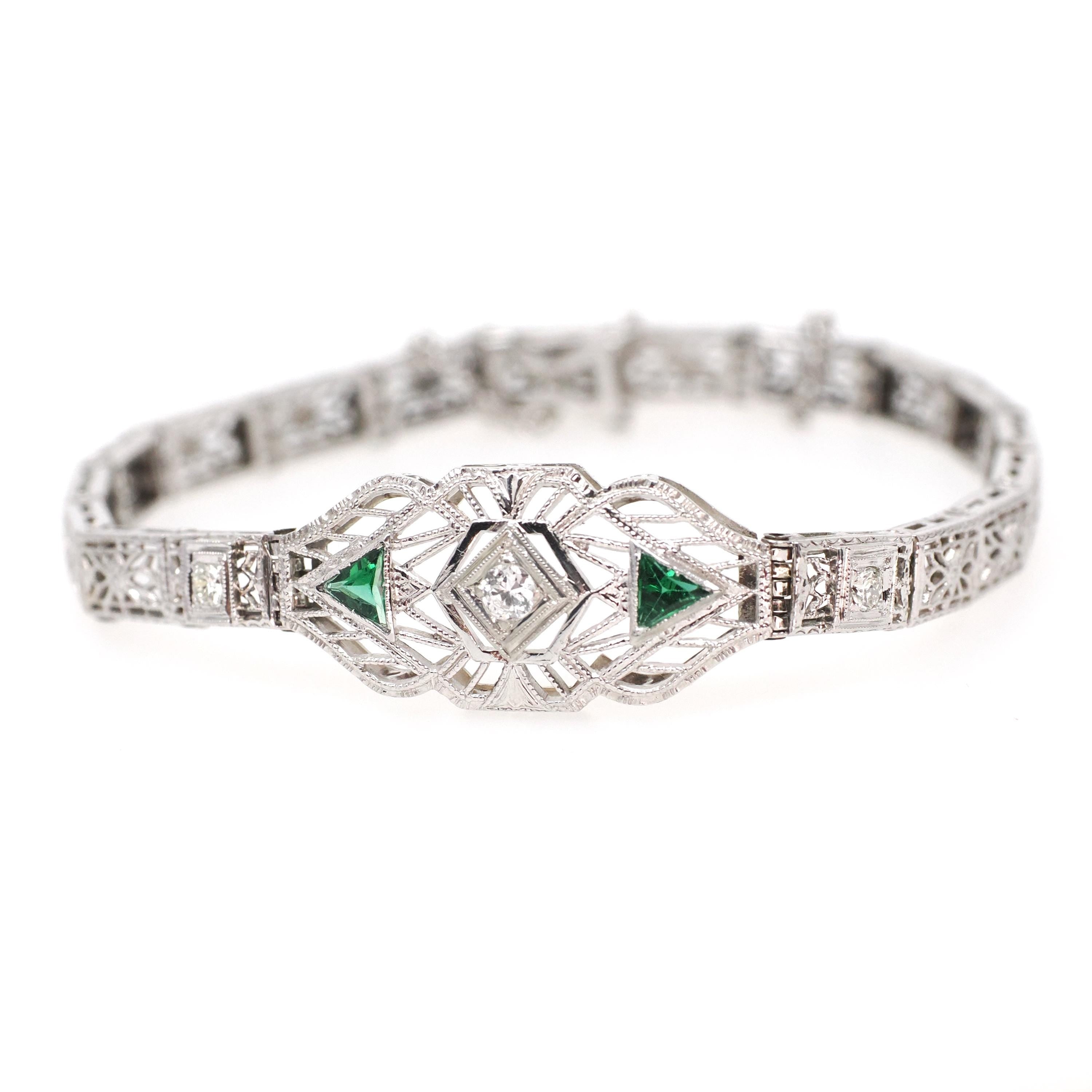 Art Deco Bracelet - Vintage 14k White Gold Natural Diamond Green Glass Simulated Emerald - Circa 1930s May Birthstone Filigree Fine Jewelry