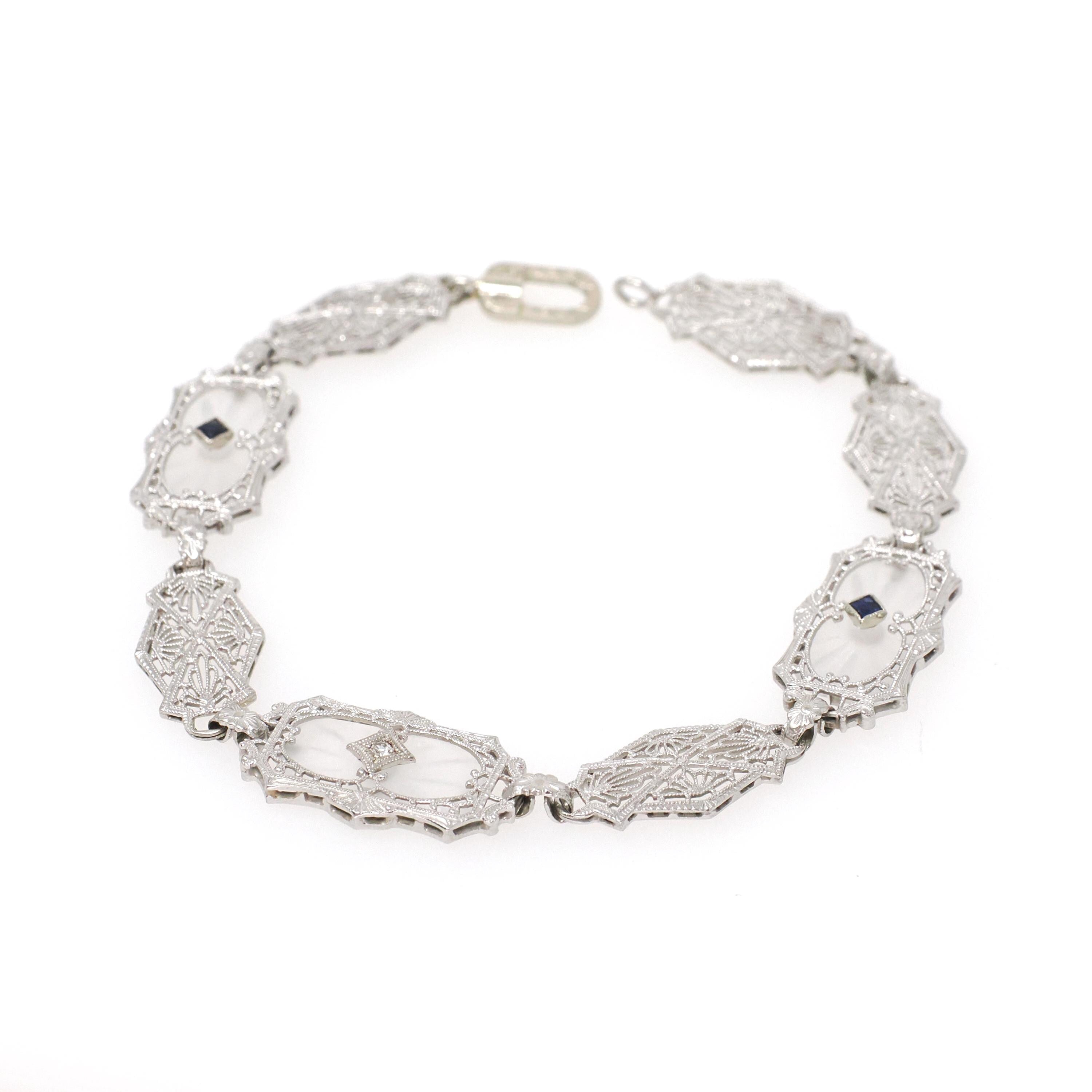 Rock Crystal Quartz Bracelet - Art Deco 14k White Gold Natural Diamond & Created Sapphire Accents - Circa 1930s Era Filigree Fine Jewelry