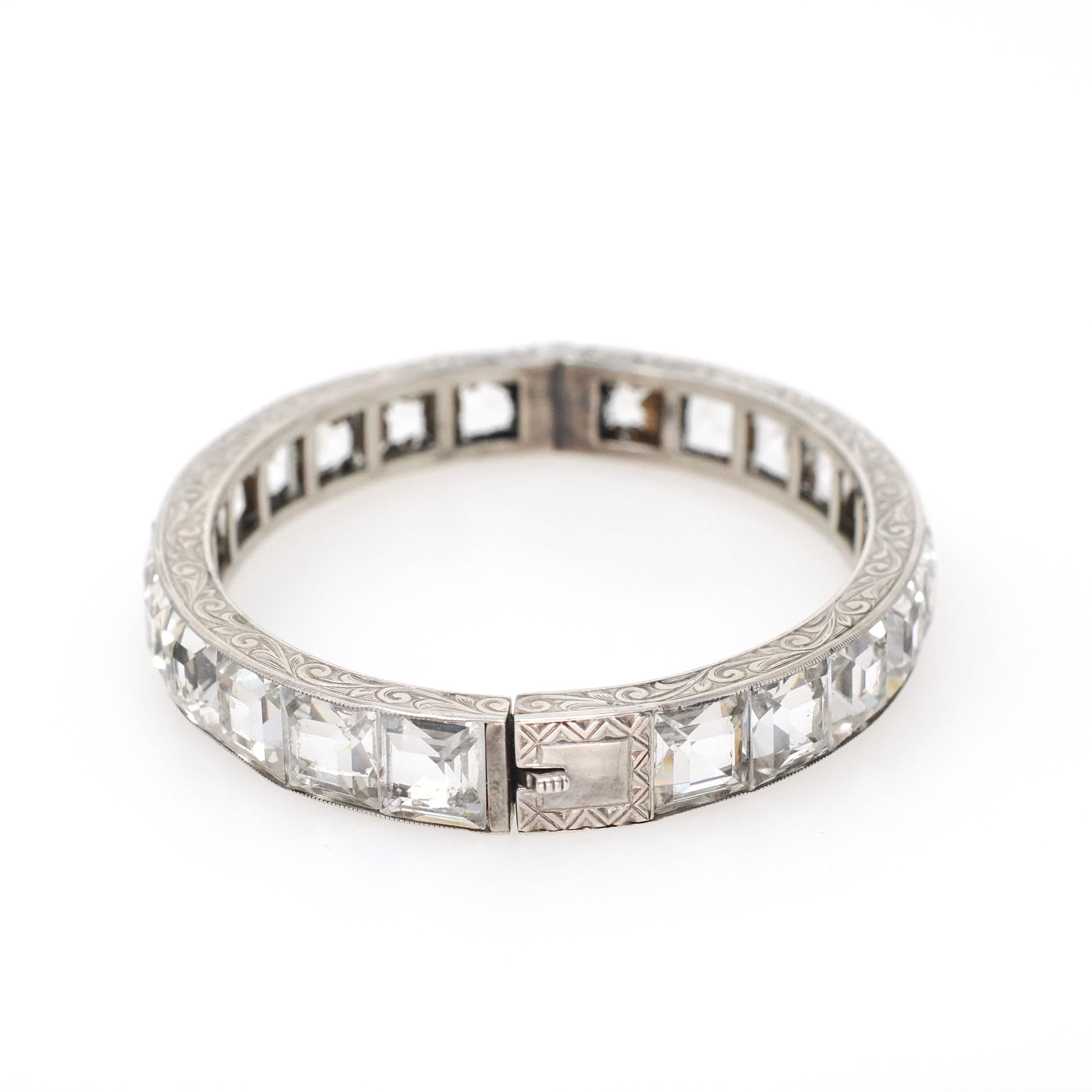 Art Deco Bracelet - Vintage Sterling Silver Simulated Diamonds Clear Faceted Glass - Circa 1930s Era Statement Fashion Accessory Jewelry