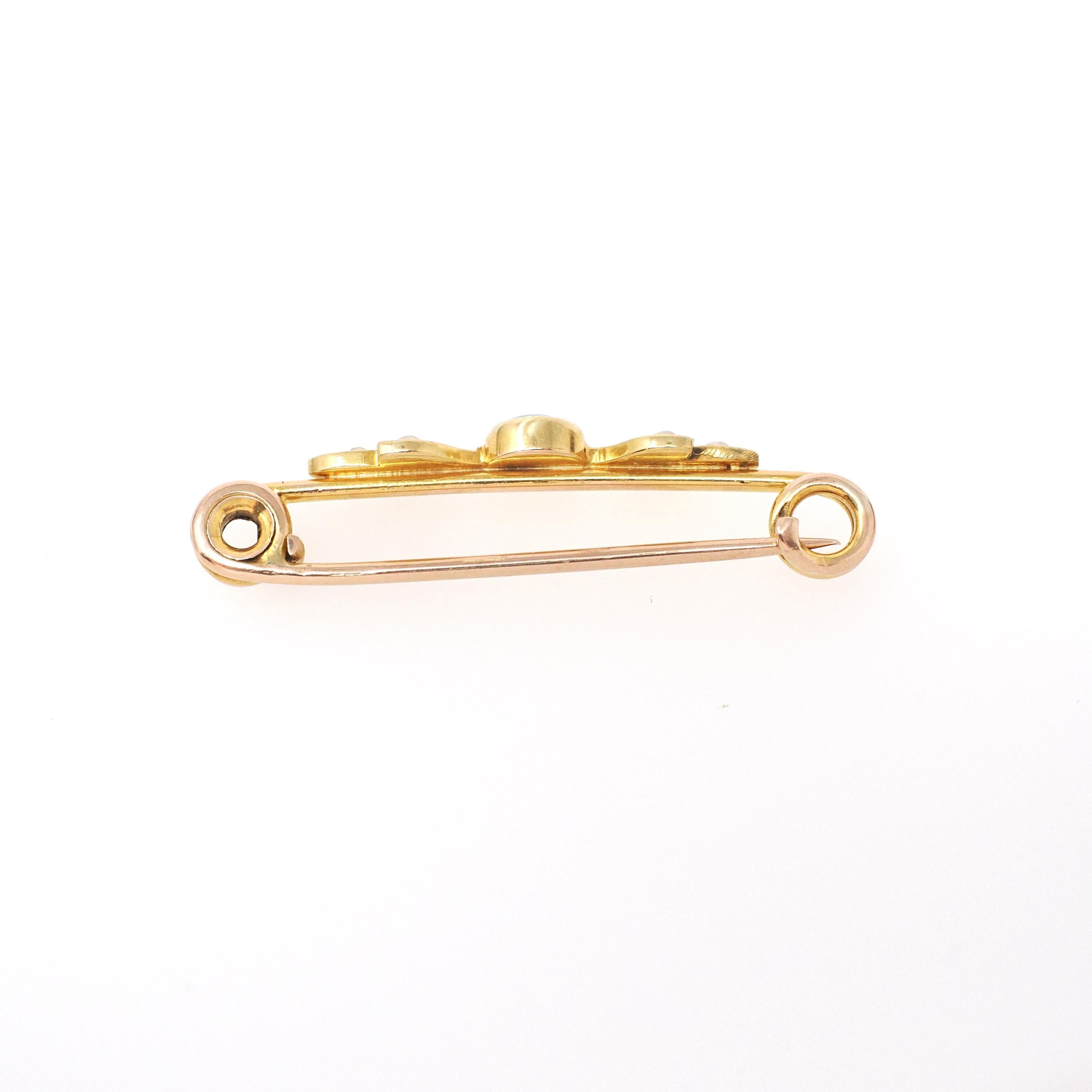 Antique Floral Brooch - Edwardian 18k Yellow Gold Natural Turquoise Gem & Seed Pearls Bar Pin - Circa 1900s Garland Fine Statement Jewelry