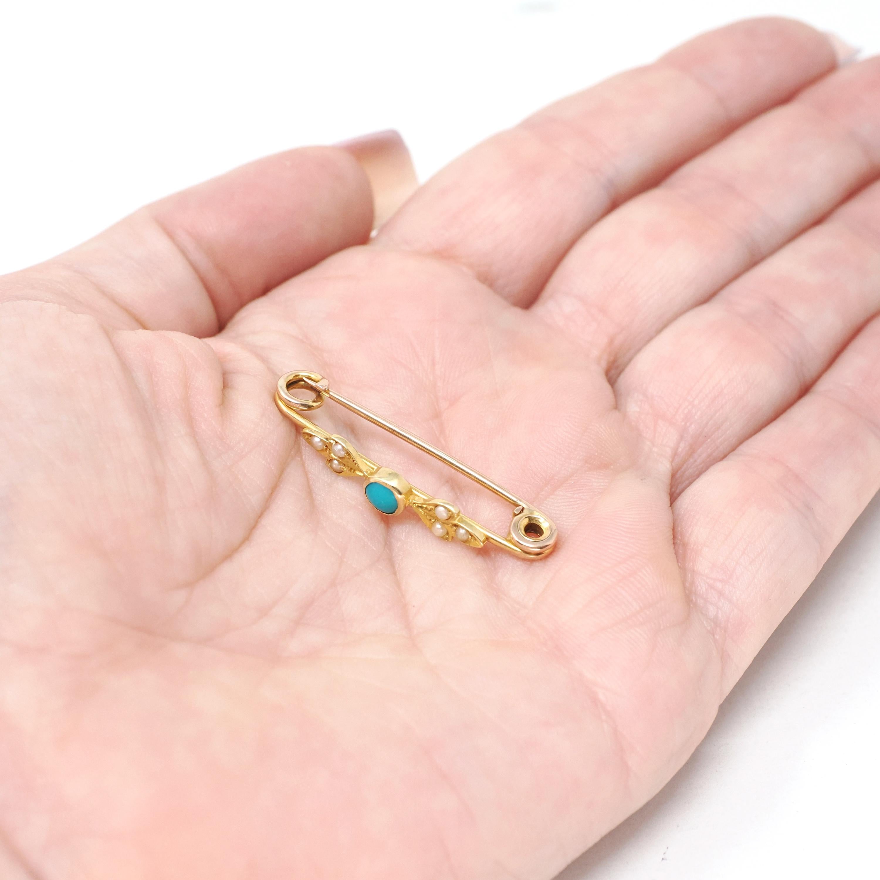 Antique Floral Brooch - Edwardian 18k Yellow Gold Natural Turquoise Gem & Seed Pearls Bar Pin - Circa 1900s Garland Fine Statement Jewelry