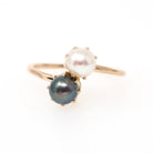 Cultured Pearl Ring - Antique 18k Yellow Gold White & Black Organic Gemstone - Edwardian Circa 1910s Era Size 5 1/2 Toi Et Moi Fine Jewelry
