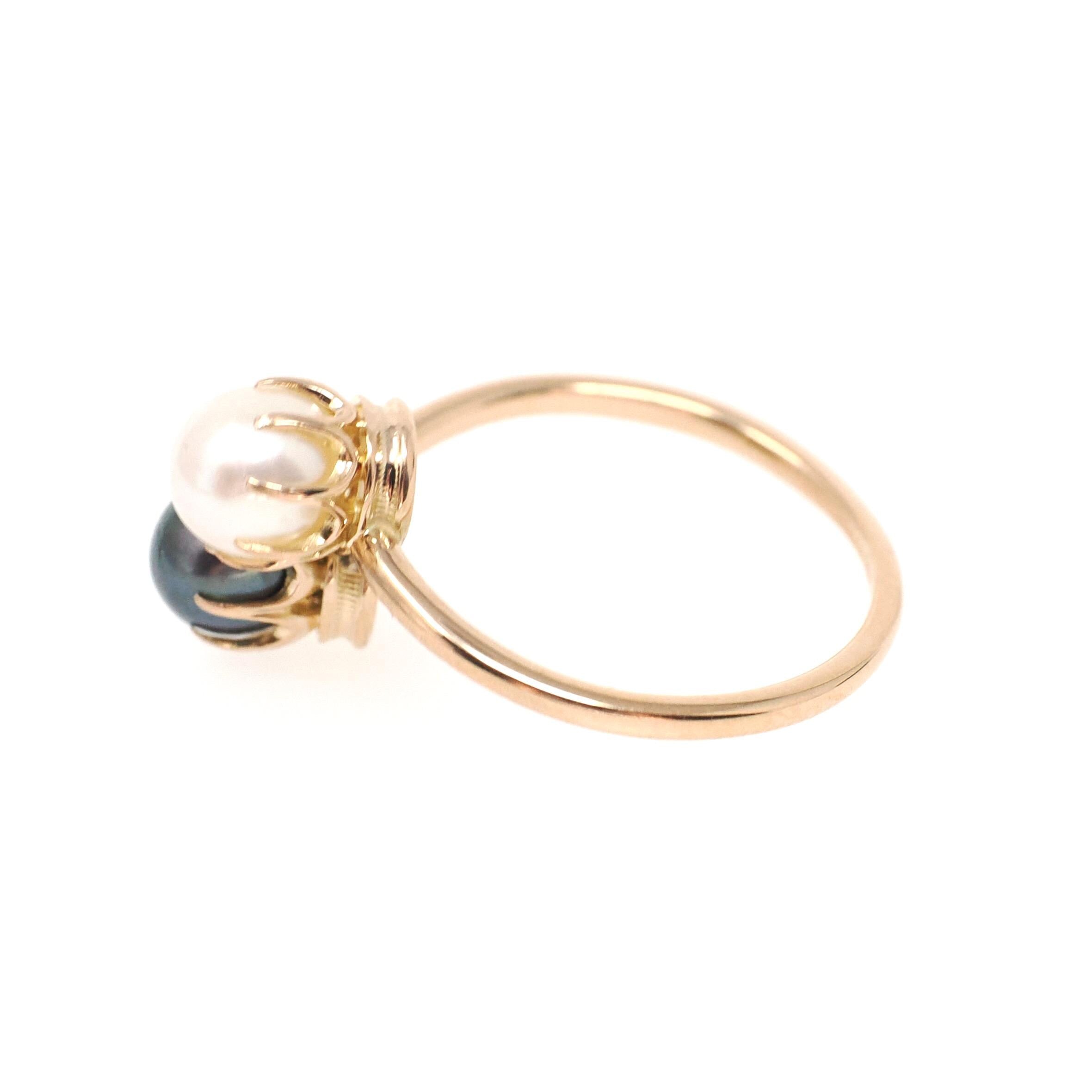 Cultured Pearl Ring - Antique 18k Yellow Gold White & Black Organic Gemstone - Edwardian Circa 1910s Era Size 5 1/2 Toi Et Moi Fine Jewelry