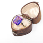 Created Color Change Sapphire Ring - Mid Century 10k Yellow Gold Rectangular Purple Blue Gem - Circa 1950s Era Size 6 1/2 Fine 50s Jewelry