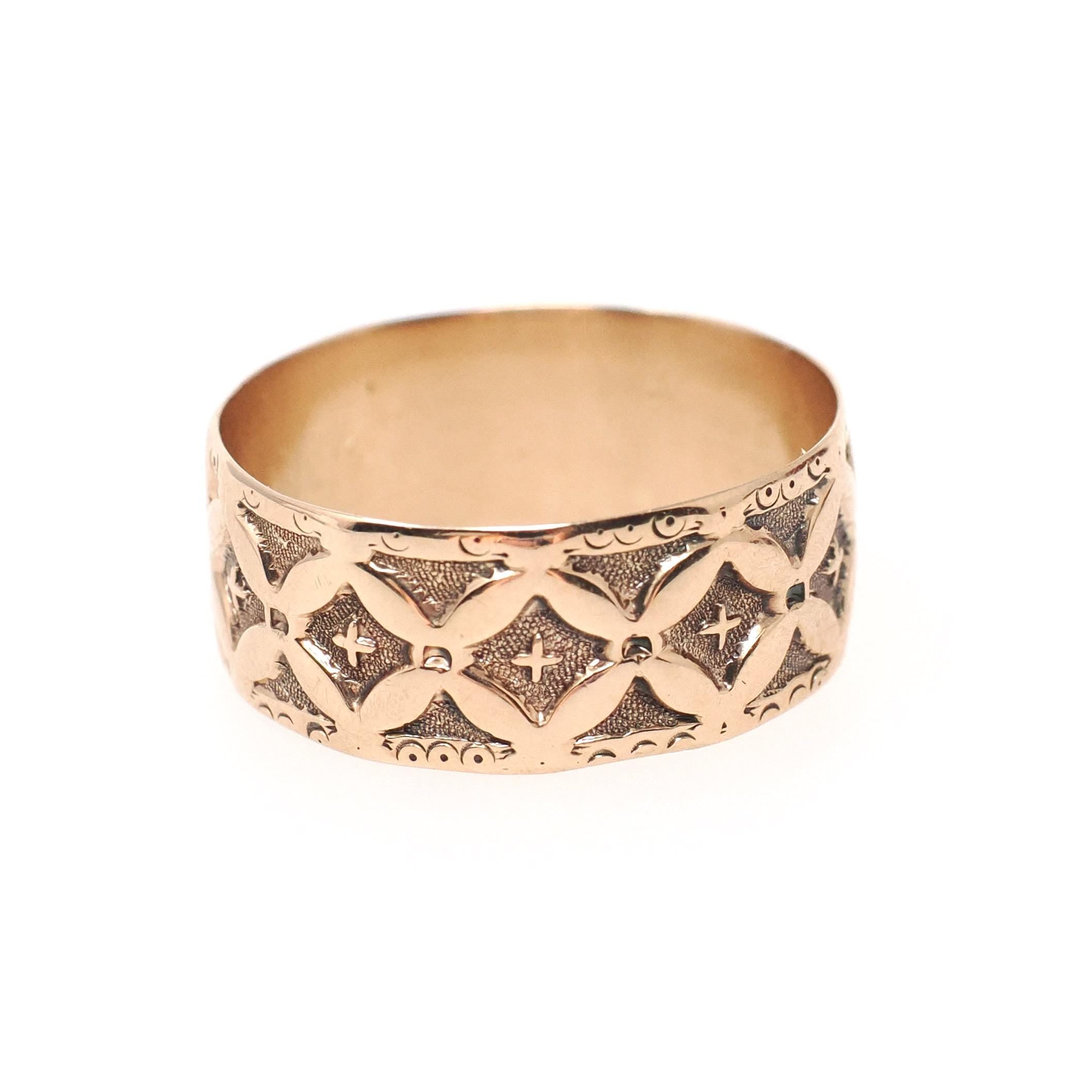 Antique Cigar Band - Edwardian 10k Rose Gold Floral & Cross Designs Wide Ring - Vintage Circa 1900s Era Size 8 Unisex Fine Stacking Jewelry