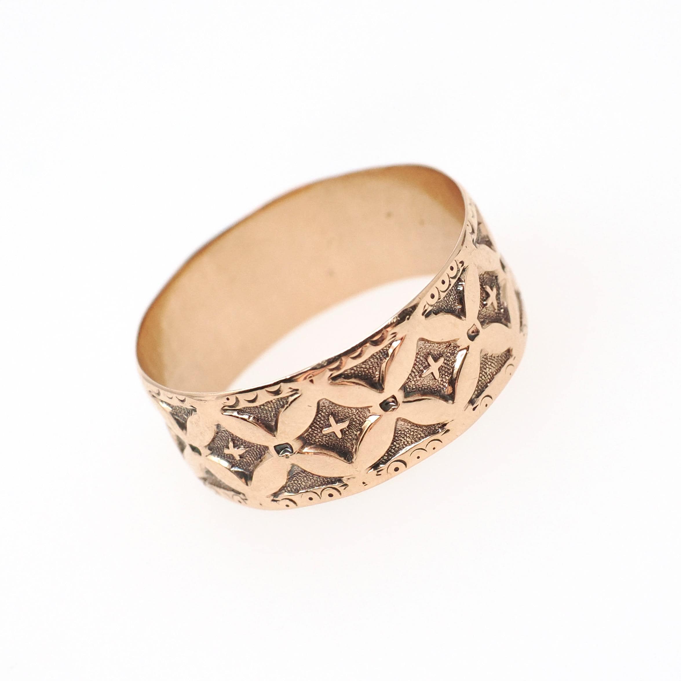 Antique Cigar Band - Edwardian 10k Rose Gold Floral & Cross Designs Wide Ring - Vintage Circa 1900s Era Size 8 Unisex Fine Stacking Jewelry
