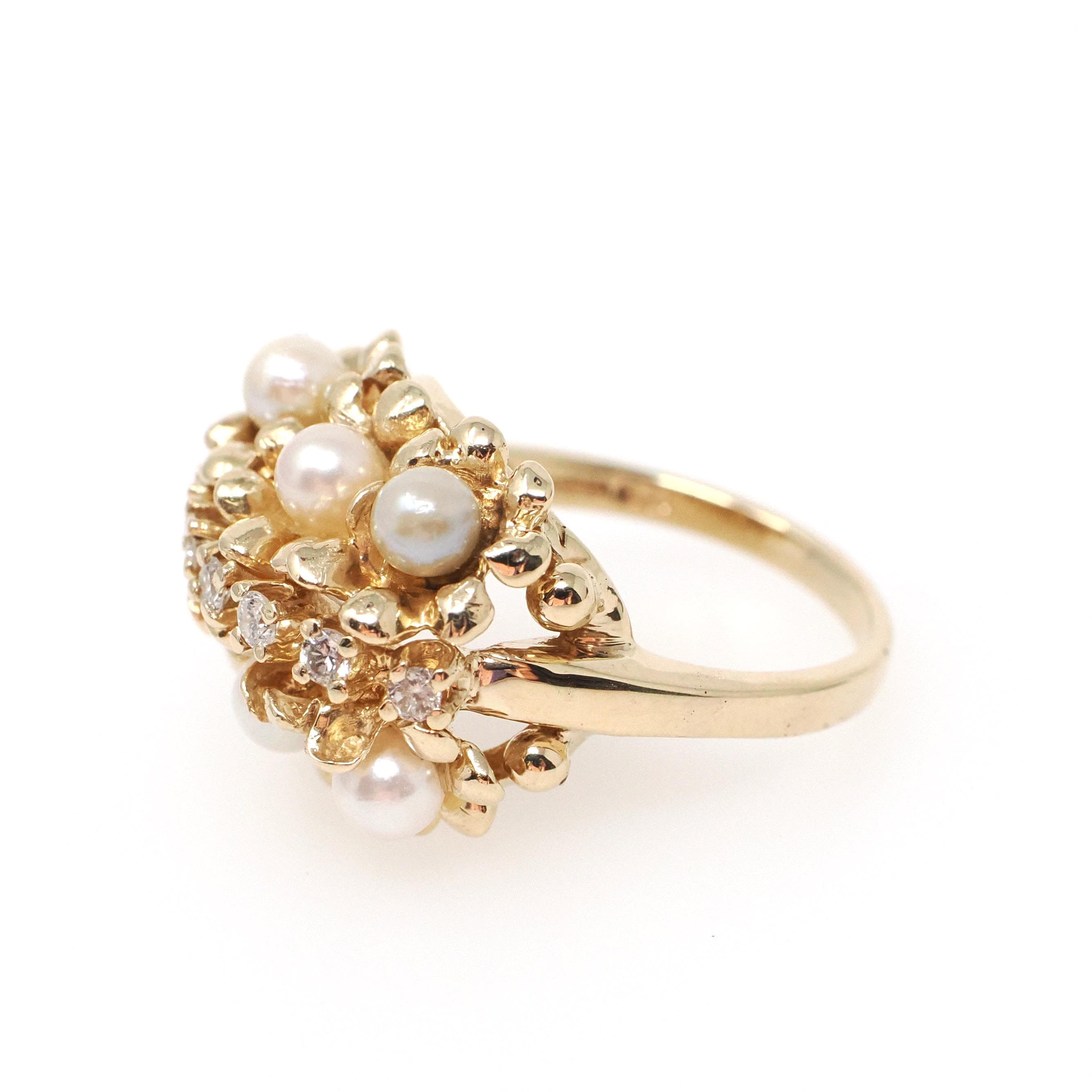 Vintage Pearl Cluster Ring - Retro Era 14k Yellow Gold Organic Cultured Gems & .19 CTW Diamonds - Circa 1960s Era Size 6 Fine Floral Jewelry