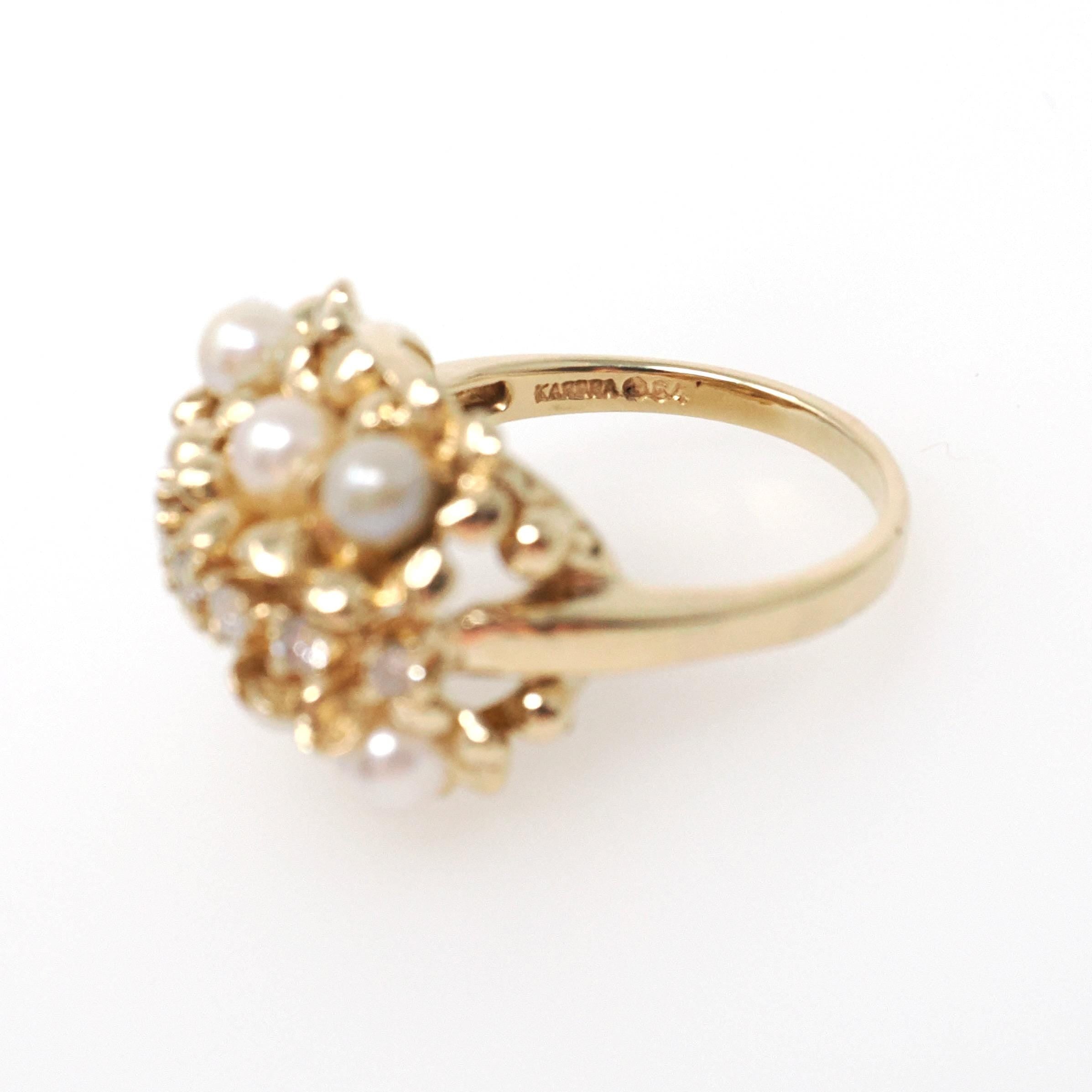 Vintage Pearl Cluster Ring - Retro Era 14k Yellow Gold Organic Cultured Gems & .19 CTW Diamonds - Circa 1960s Era Size 6 Fine Floral Jewelry