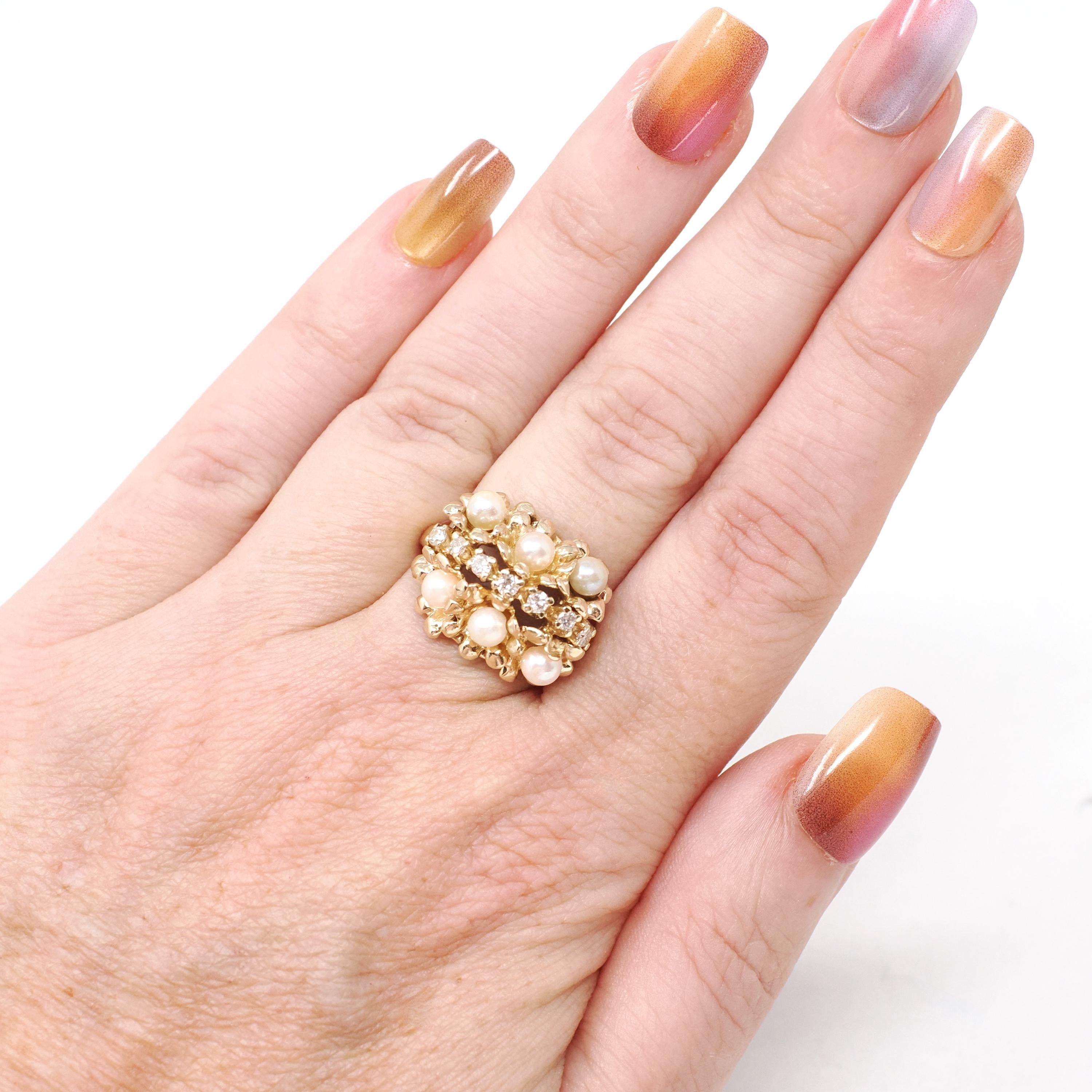 Vintage Pearl Cluster Ring - Retro Era 14k Yellow Gold Organic Cultured Gems & .19 CTW Diamonds - Circa 1960s Era Size 6 Fine Floral Jewelry