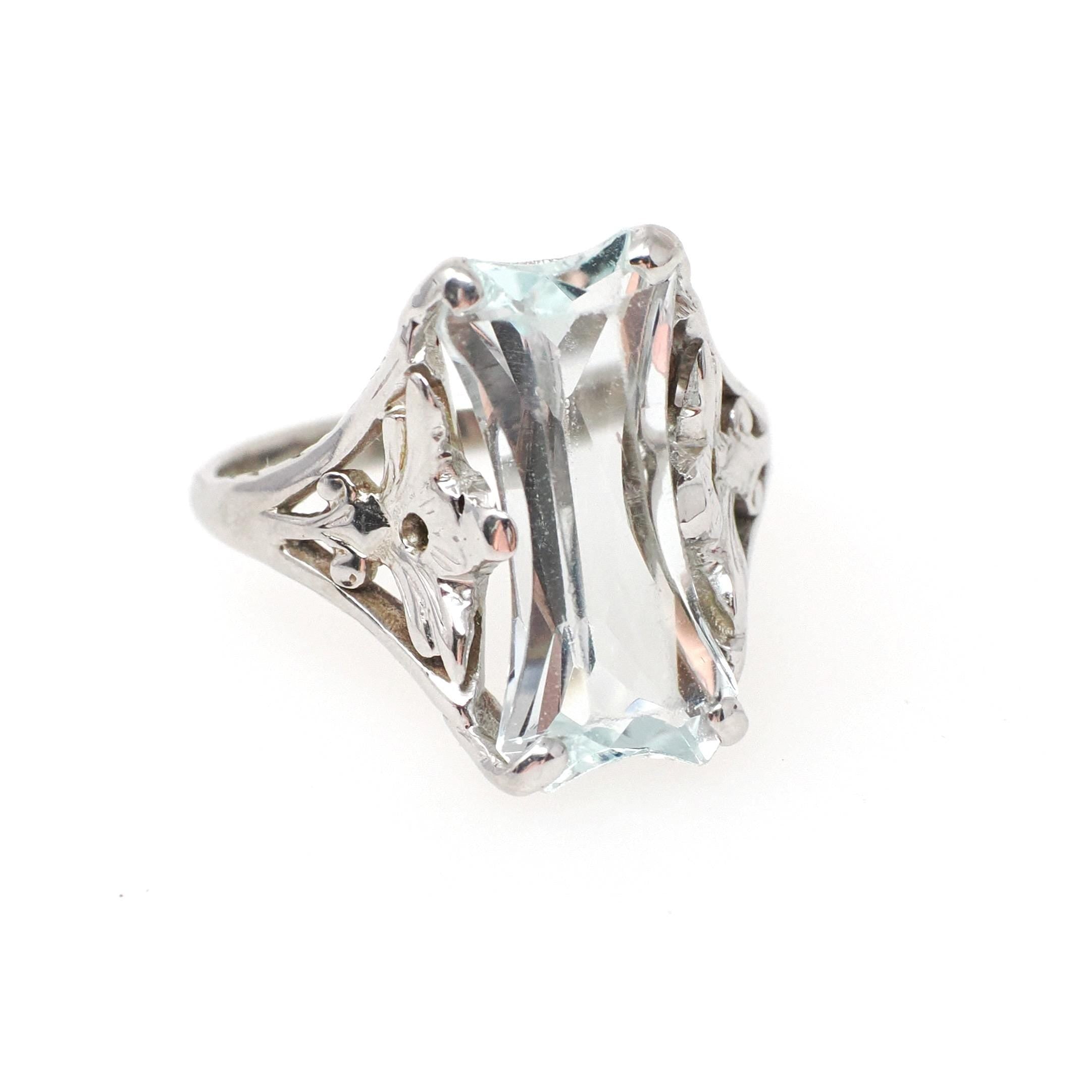 Vintage Aquamarine Ring - Art Deco 14k White Gold Light Blue Fancy Hourglass Cut Gemstone - Circa 1930s Era Size 4 1/2 Filigree Fine Jewelry