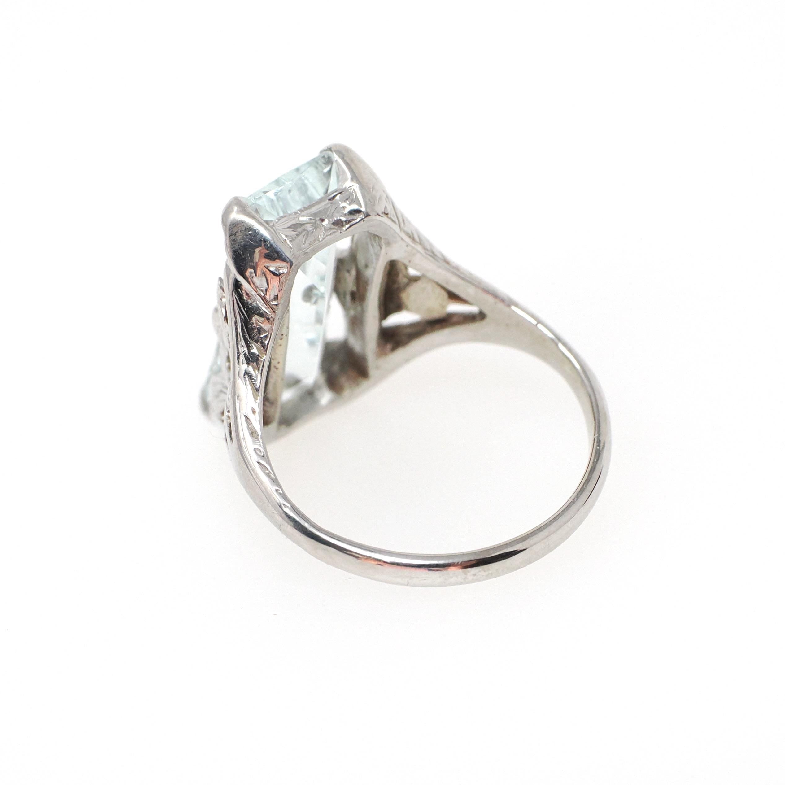 Vintage Aquamarine Ring - Art Deco 14k White Gold Light Blue Fancy Hourglass Cut Gemstone - Circa 1930s Era Size 4 1/2 Filigree Fine Jewelry