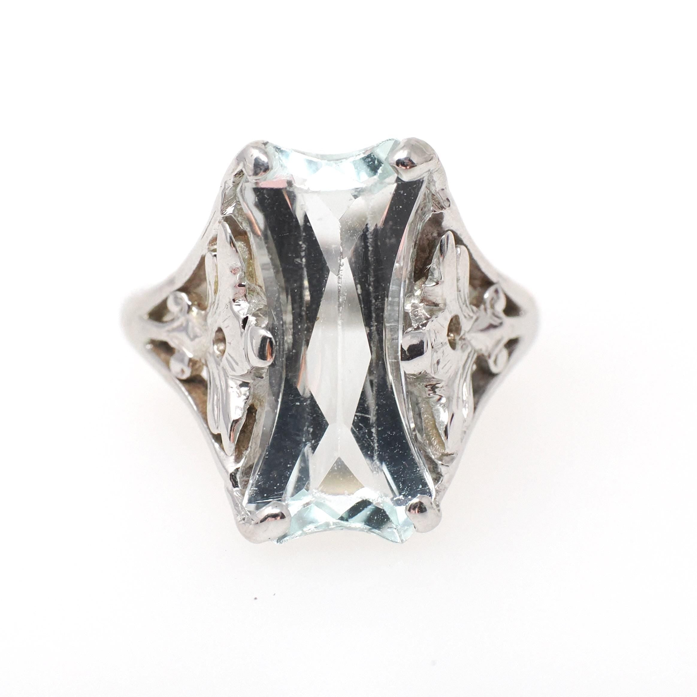 Vintage Aquamarine Ring - Art Deco 14k White Gold Light Blue Fancy Hourglass Cut Gemstone - Circa 1930s Era Size 4 1/2 Filigree Fine Jewelry