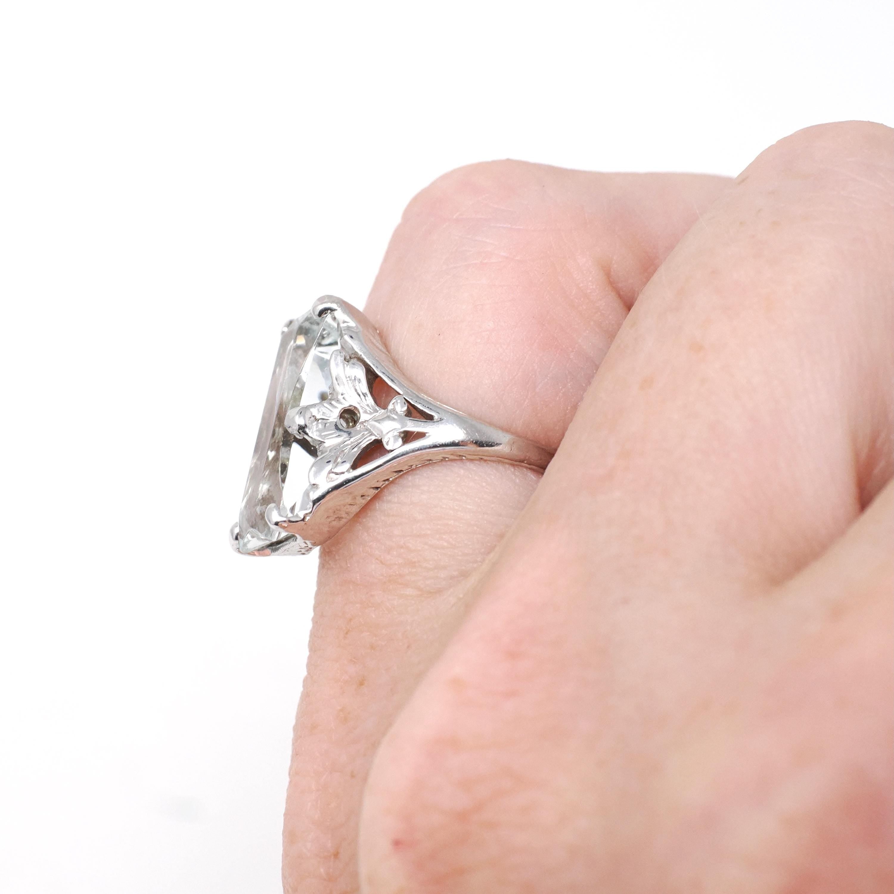 Vintage Aquamarine Ring - Art Deco 14k White Gold Light Blue Fancy Hourglass Cut Gemstone - Circa 1930s Era Size 4 1/2 Filigree Fine Jewelry