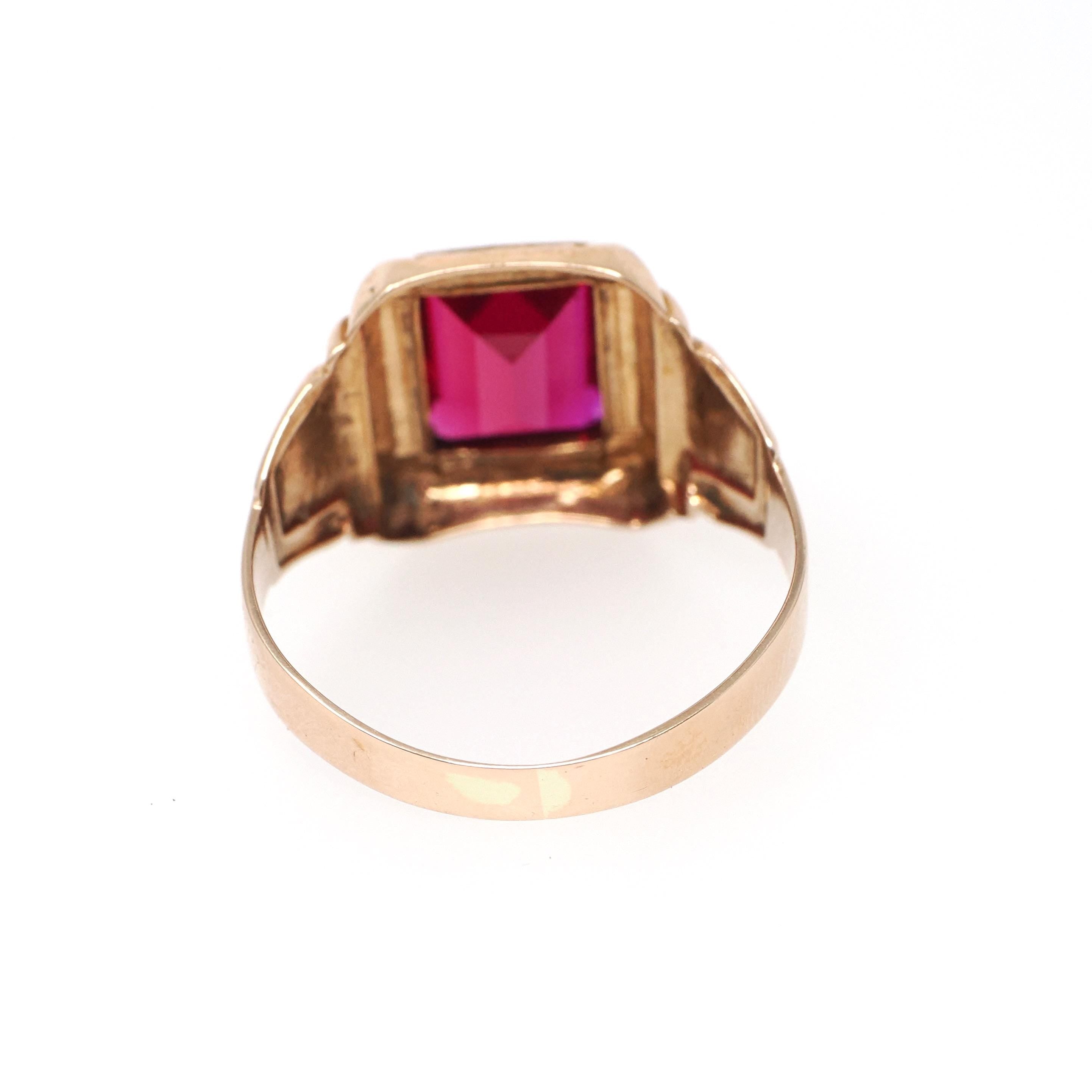 Created Ruby Ring - Retro Era 10k Yellow Gold Men's Unisex Pink Red Faceted Gemstone - Circa 1940s Size 11 1/2 Large Statement Fine Jewelry