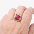 Created Ruby Ring - Retro Era 10k Yellow Gold Men's Unisex Pink Red Faceted Gemstone - Circa 1940s Size 11 1/2 Large Statement Fine Jewelry