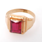 Created Ruby Ring - Retro Era 10k Yellow Gold Men's Unisex Pink Red Faceted Gemstone - Circa 1940s Size 11 1/2 Large Statement Fine Jewelry