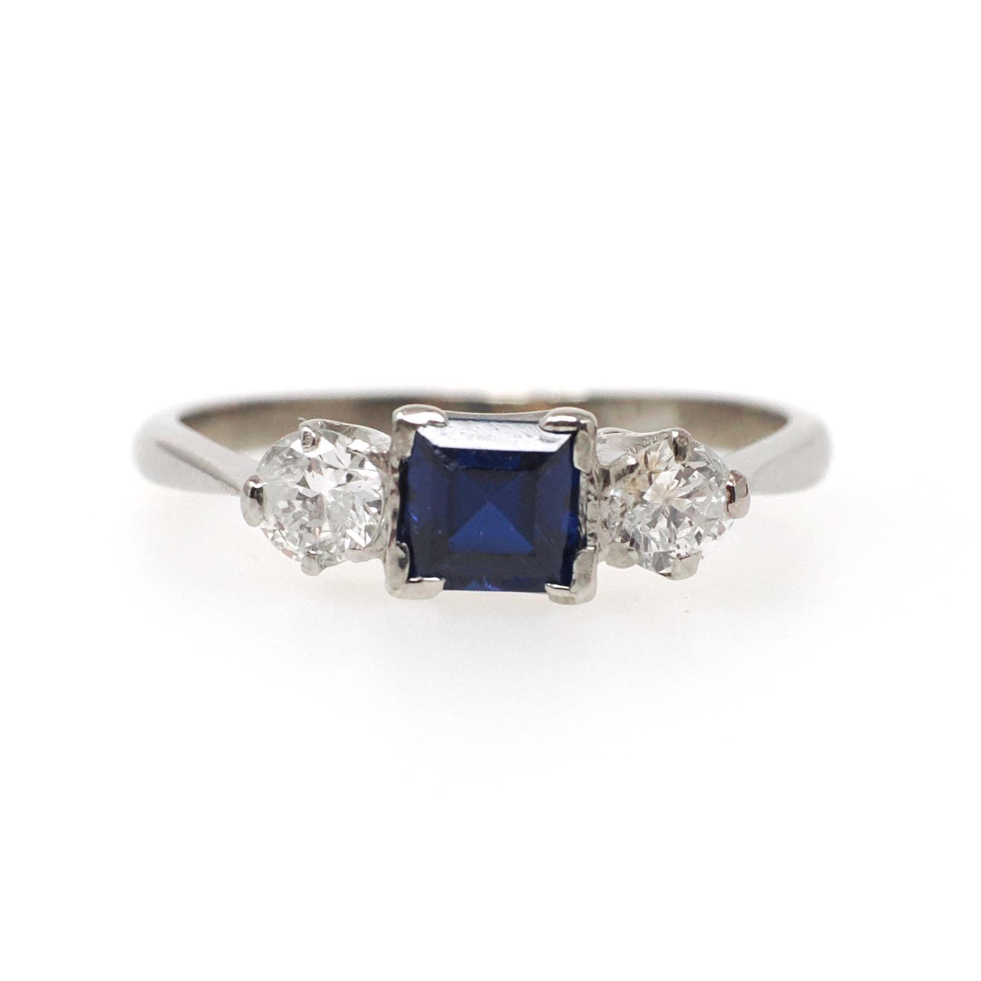 Vintage Three Stone Ring - Mid Century 18k White Gold Created Blue Sapphire & .35 CTW Diamonds - Circa 1950s Size 7 1/4 Fine Bridal Jewelry