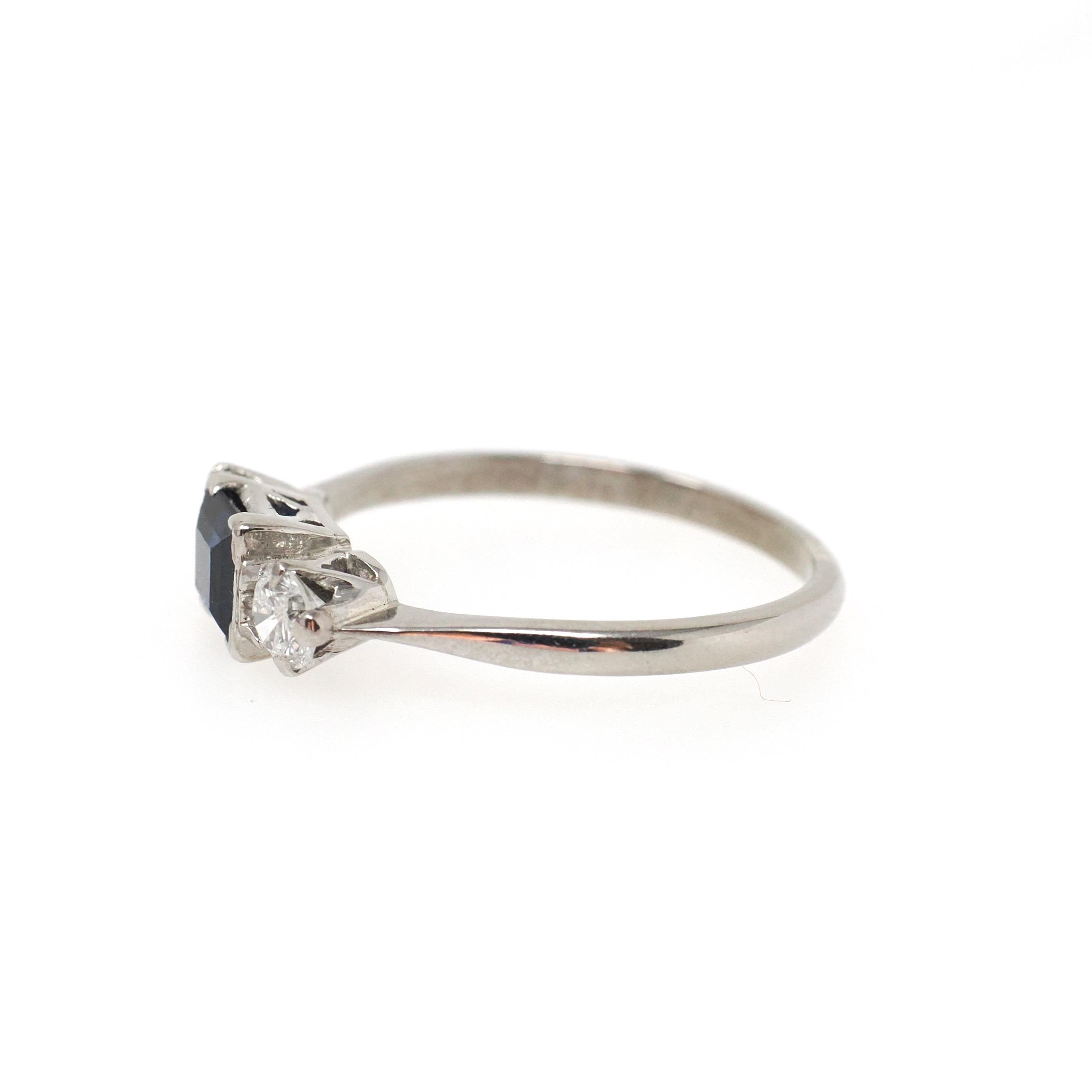 Vintage Three Stone Ring - Mid Century 18k White Gold Created Blue Sapphire & .35 CTW Diamonds - Circa 1950s Size 7 1/4 Fine Bridal Jewelry