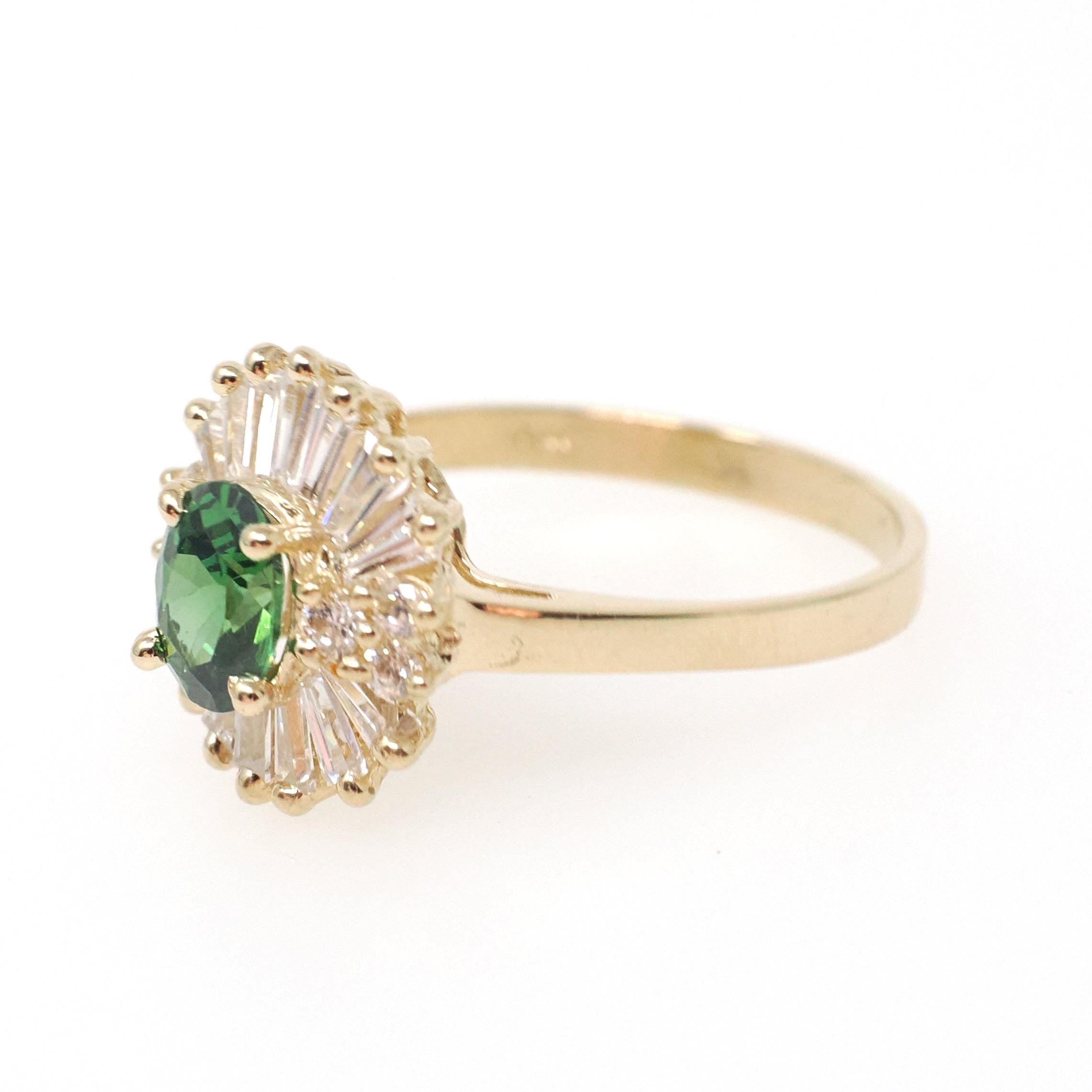 Modern Ballerina Halo Ring - 14k Yellow Gold Oval Green CZ & Simulated Diamonds - Contemporary 2000s Era Size 8 1/4 Fine Fashion Jewelry