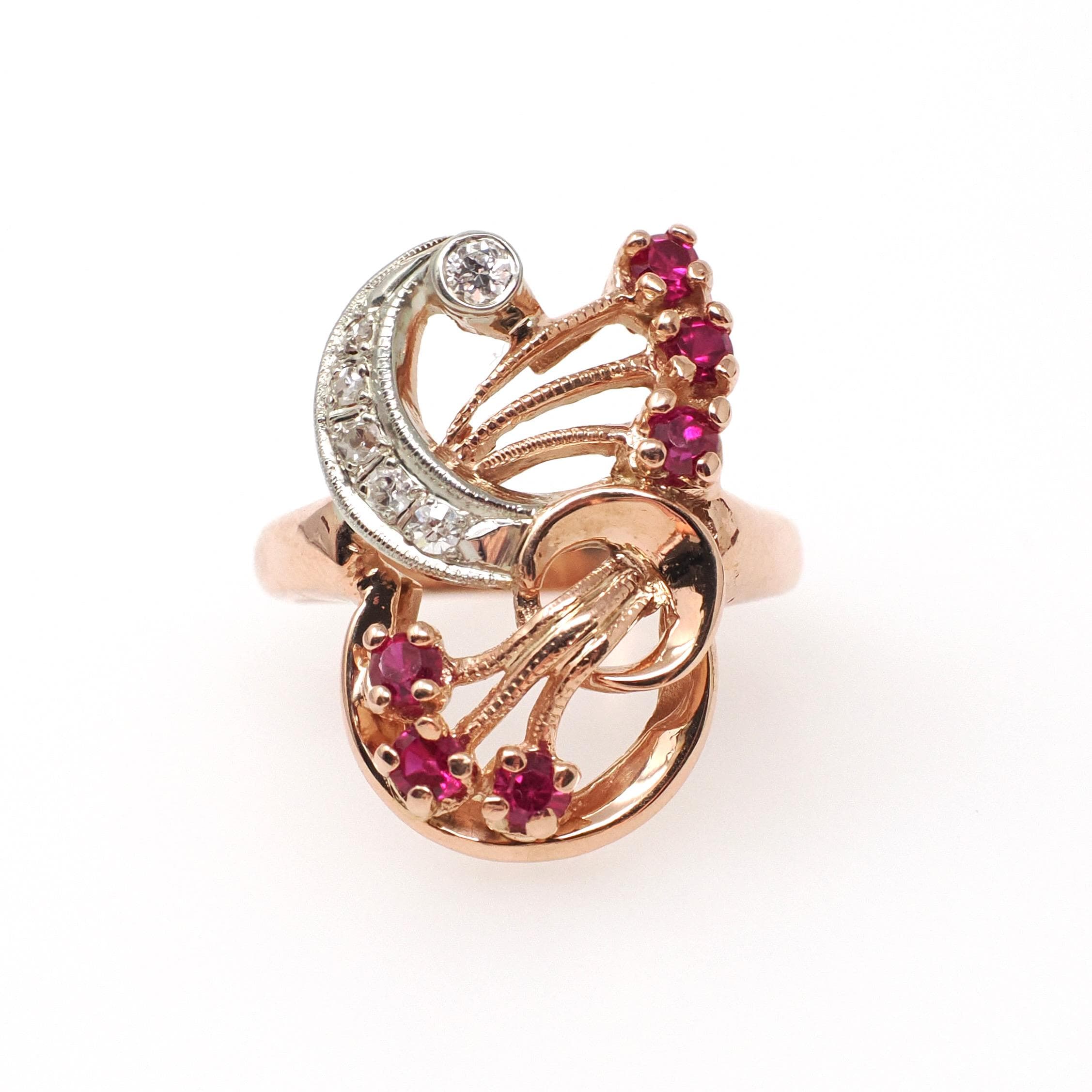 Mid Century Cocktail Ring - Vintage 14k Rose Gold Natural .14 CTW Diamonds Created Ruby Gems - Circa 1940s Era Size 6.25 Swirl Fine Jewelry